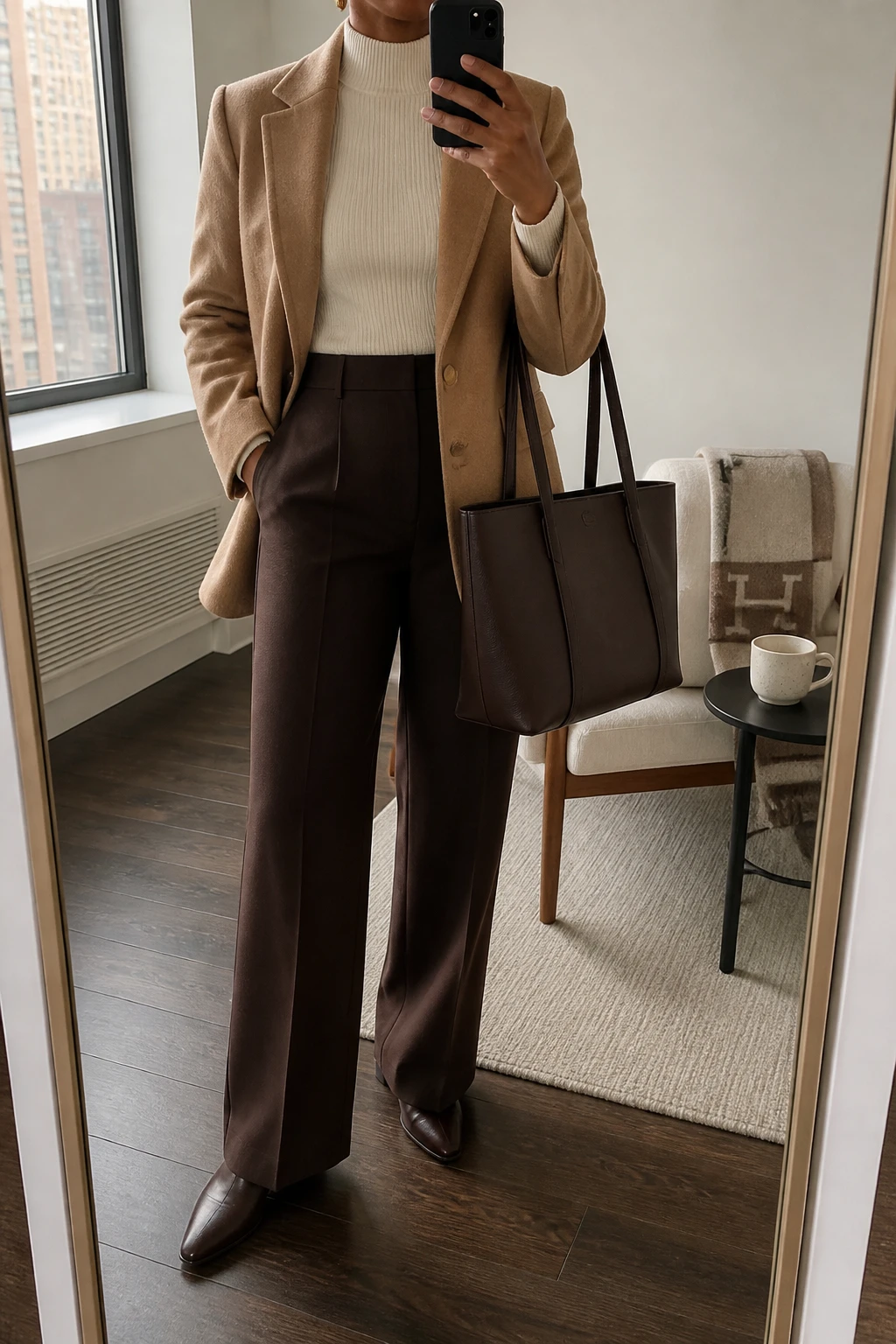 Image Prompt: Mirror selfie of a black woman wearing a camel tailored single-breasted wool-blend blazer over an ivory fitted fine-knit turtleneck sweater, chocolate brown high-waisted wide-leg tailored wool trousers with pressed creases, dark brown leather pointed-toe ankle boots with low block heels, a structured dark brown leather tote bag, and small gold stud earrings, holding a phone in front of a full-length mirror, cropped at the NECK so the face does not show, with a relaxed casual selfie pose, in a stylish city apartment, soft natural window light, a coffee mug on a side table and a folded blanket on a chair, realistic camel wool texture, natural trouser folds, believable fabric creases and latest iPhone photo quality, no additional clothing or accessories.