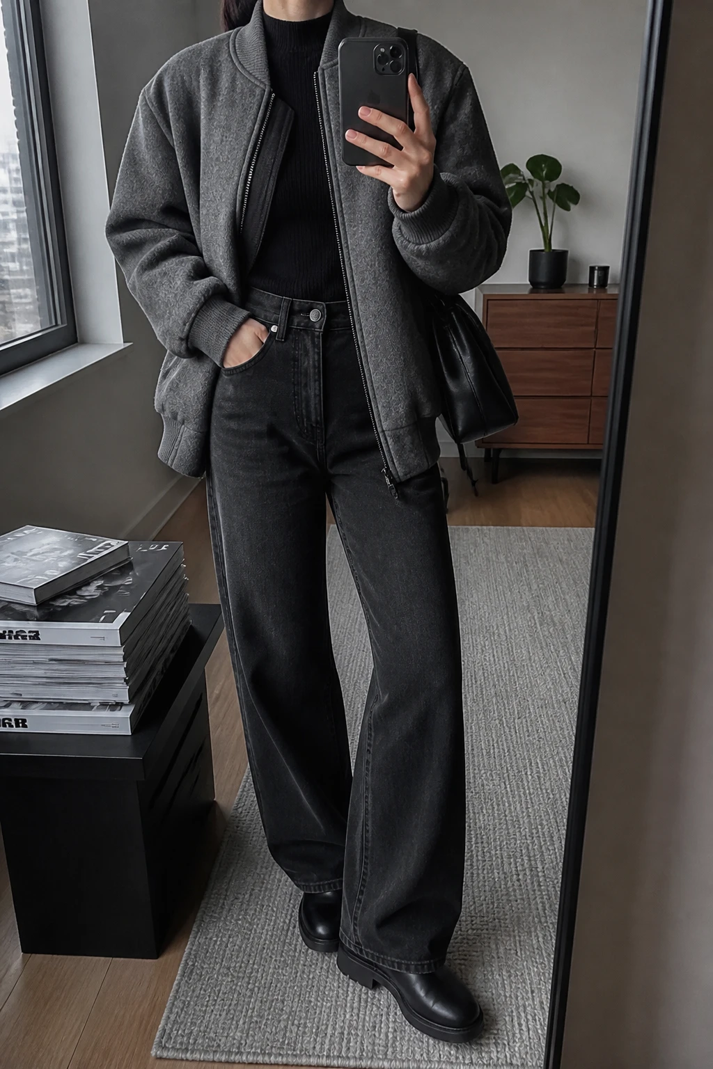 Image Prompt: Mirror selfie of a woman wearing an oversized heather grey padded wool-blend bomber jacket over a black fitted cashmere mock-neck sweater, washed black high-waisted wide-leg denim jeans, black leather chunky flat ankle boots, and a small structured black leather shoulder bag, holding a phone in front of a mirror, cropped at the NECK so the face does not show, with a relaxed casual selfie pose, in a stylish city apartment, soft natural window light, a stack of fashion magazines on a side table and a small plant on a dresser, realistic grey wool-blend bomber texture, natural washed black denim folds and understated winter styling, latest iPhone photo quality, no additional clothing or accessories.
