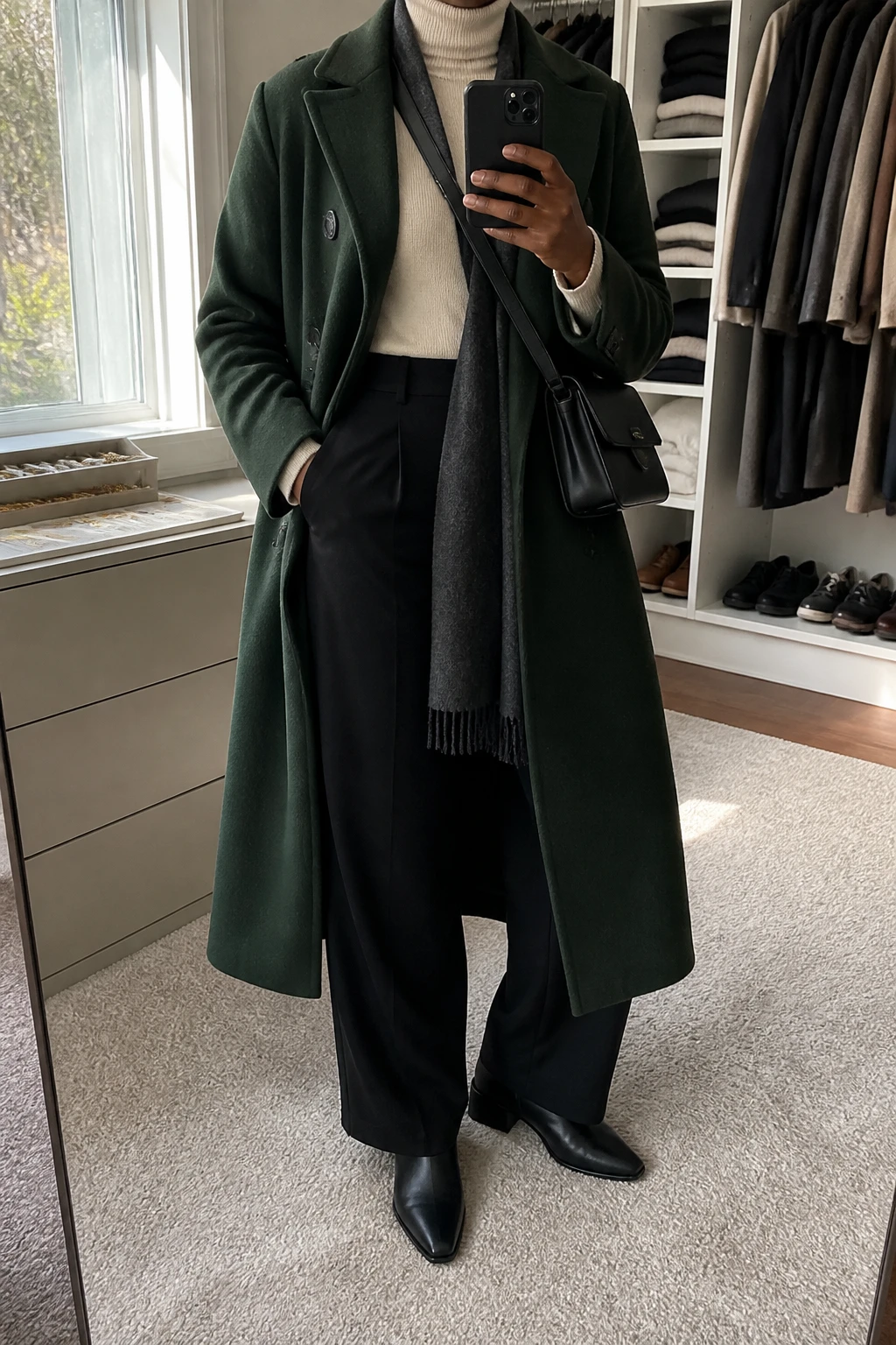 Image Prompt: Mirror selfie of a black woman wearing a long forest green double-breasted tailored wool coat over an ivory fitted cashmere turtleneck sweater, black high-waisted wide-leg tailored wool trousers, black waterproof leather pointed-toe ankle boots with low block heels, a structured black leather crossbody bag, and a charcoal grey wool scarf, holding a phone in front of a mirror, cropped at the NECK so the face does not show, with a relaxed casual selfie pose, in a walk-in closet mirror, soft natural window light, an open closet with clothes visible and a jewelry tray on the vanity, realistic forest green wool coat texture, natural black trouser folds and soft ivory knit fabric, latest iPhone photo quality, no additional clothing or accessories.