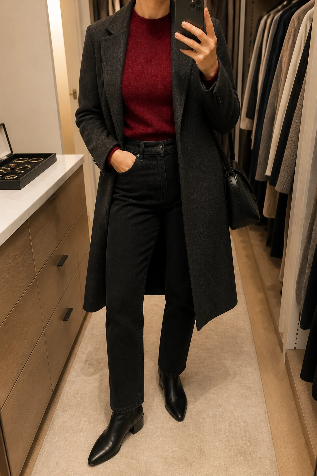 Image Prompt: Mirror selfie of a woman wearing a deep cherry red fitted cashmere crewneck sweater tucked into solid black high-waisted straight-leg denim jeans, a long charcoal grey tailored wool coat worn open, black leather pointed-toe ankle boots with low block heels, and a structured black leather shoulder bag, holding a phone in front of a mirror, cropped at the NECK so the face does not show, with a relaxed casual selfie pose, in a walk-in closet mirror, warm soft indoor lighting, an open closet with clothes visible and a jewelry tray on the vanity, realistic cherry red cashmere texture, natural black denim creases and charcoal wool coat folds, latest iPhone photo quality, no additional clothing or accessories.