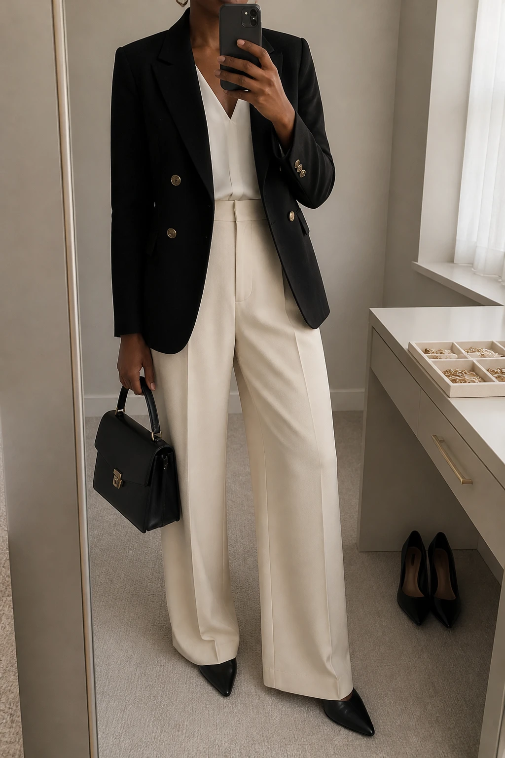 Image Prompt: Mirror selfie of a black woman wearing a black fitted double-breasted wool blazer with subtle gold buttons over an ivory silk blouse with a modest V-neckline, cream high-waisted pleated wide-leg tailored trousers, black polished leather pointed-toe low heels, a structured black leather top-handle handbag, and delicate gold hoop earrings, holding a phone in front of a mirror, cropped at the NECK so the face does not show, with a relaxed casual selfie pose, in a minimal dressing room, soft natural window light, a jewelry tray on the vanity and a pair of heels on the floor nearby, realistic black wool tailoring, natural ivory silk folds, clean cream trouser pleats, latest iPhone photo quality, no additional clothing or accessories.