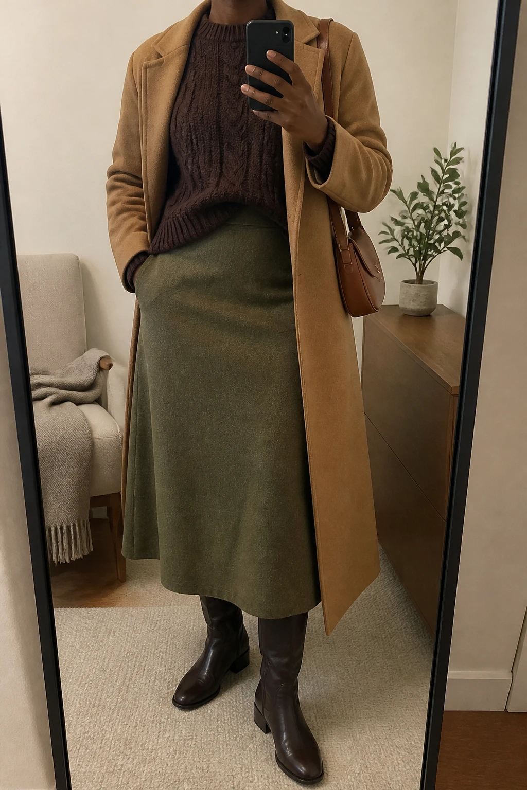 Image Prompt: Mirror selfie of a black woman wearing a chocolate brown chunky cable-knit crewneck sweater with a slight front tuck, an olive green high-waisted wool-blend A-line midi skirt, dark brown leather knee-high boots with low block heels, a long camel tailored wool coat worn open, and a small caramel leather shoulder bag, holding a phone in front of a mirror, cropped at the NECK so the face does not show, with a relaxed casual selfie pose, in a minimal dressing room, warm soft indoor lighting, a folded blanket on a chair and a small plant on a dresser, realistic chocolate cable-knit texture, natural olive green wool folds and soft warm-neutral colors, latest iPhone photo quality, no additional clothing or accessories.