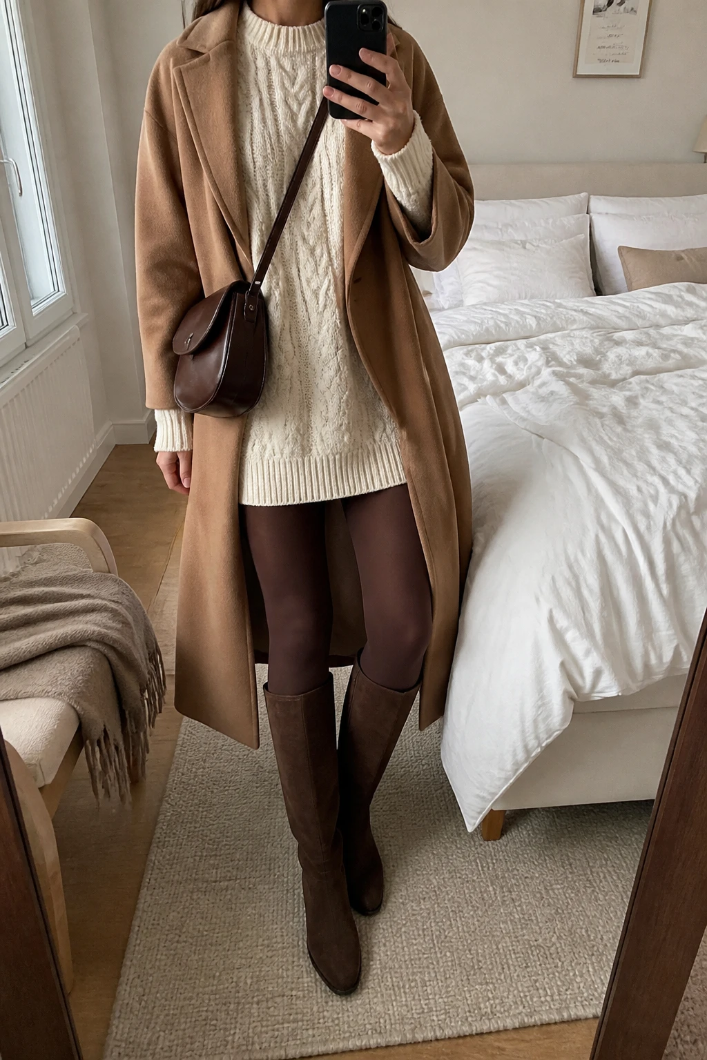 Image Prompt: Mirror selfie of a woman wearing a cream long-sleeve chunky cable-knit mini dress with a relaxed fit, chocolate brown suede knee-high flat boots, brown opaque fleece-lined tights, a long camel wool-blend coat worn open, and a small dark brown leather crossbody bag, holding a phone in front of a mirror, cropped at the NECK so the face does not show, with a relaxed casual selfie pose, in a cozy bedroom mirror setup, soft natural window light, soft pillows on an unmade bed and a folded blanket on a chair, realistic cable-knit stitches, natural suede texture and slightly imperfect winter styling, latest iPhone photo quality, no additional clothing or accessories.