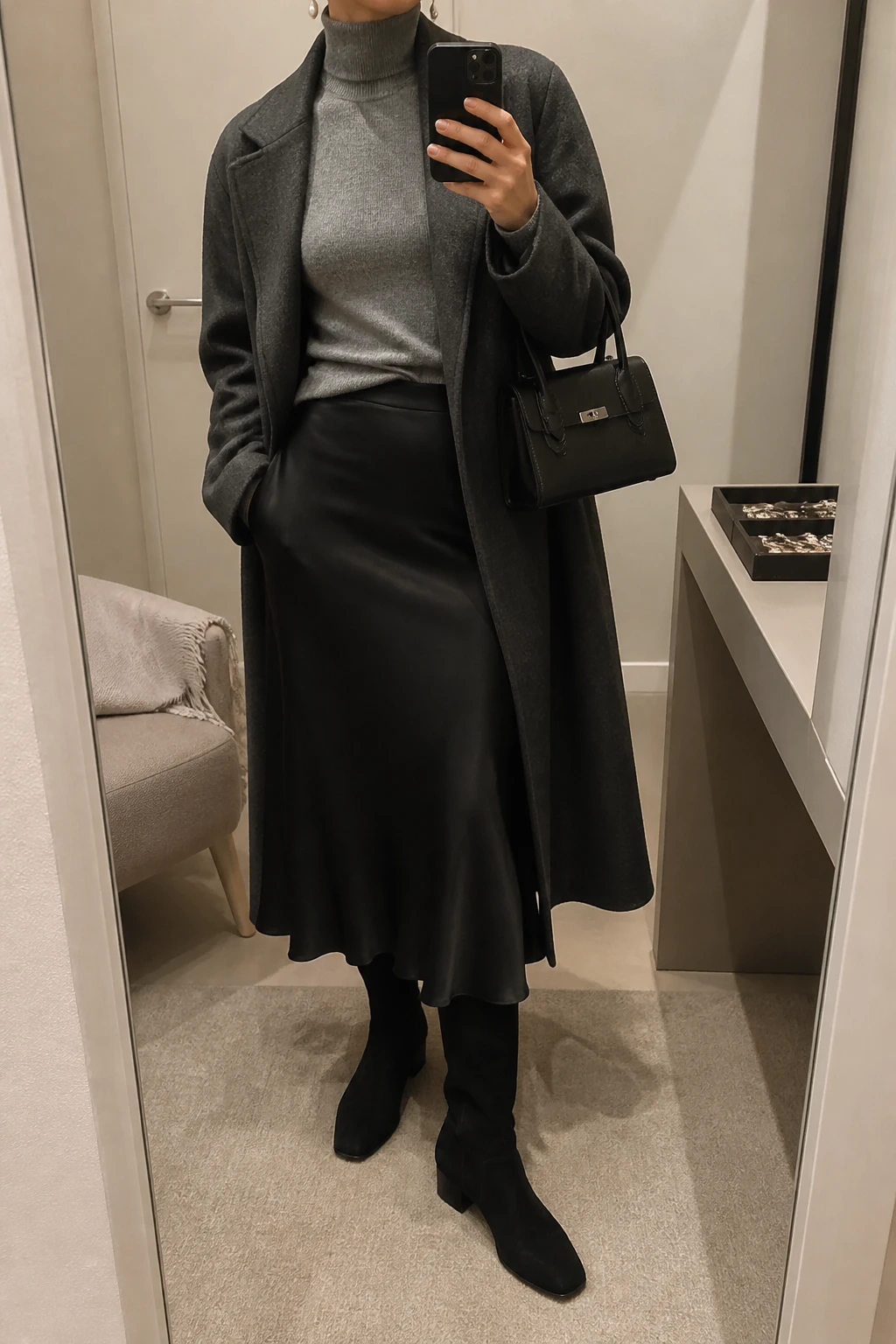 Image Prompt: Mirror selfie of a woman wearing a heather grey fitted cashmere turtleneck sweater tucked into a black satin bias-cut midi skirt, black suede knee-high boots with low block heels, a long charcoal grey tailored wool coat worn open, a small structured black leather handbag, and delicate silver drop earrings, holding a phone in front of a full-length mirror, cropped at the NECK so the face does not show, with a relaxed casual selfie pose, in a minimal dressing room, warm soft indoor lighting, a jewelry tray on the vanity and a folded blanket on a chair, realistic grey cashmere texture, natural black satin drape with gentle reflections, soft charcoal wool coat folds, latest iPhone photo quality, no additional clothing or accessories.