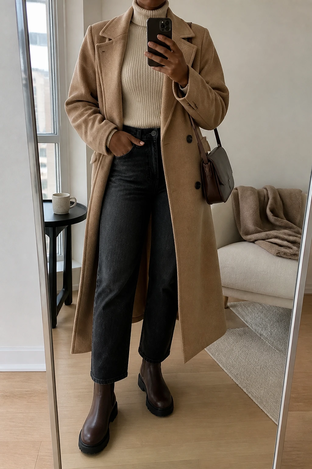 Image Prompt: Mirror selfie of a black woman wearing a long camel double-breasted wool coat left open over a cream fitted ribbed turtleneck sweater, washed black high-waisted straight-leg jeans, chocolate brown leather chunky Chelsea boots with flat rubber soles, and a structured dark brown leather shoulder bag, holding a phone in front of a full-length mirror, cropped at the NECK so the face does not show, with a relaxed casual selfie pose, in a stylish city apartment, soft natural window light, a coffee mug on a side table and a folded blanket on a chair, natural wool texture, realistic denim creases and slightly imperfect everyday styling, latest iPhone photo quality, no additional clothing or accessories.