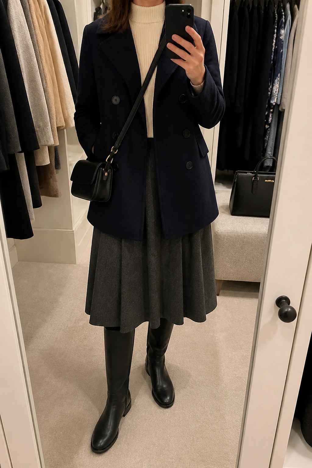 Image Prompt: Mirror selfie of a woman wearing a navy double-breasted wool peacoat over an ivory fitted cashmere mock-neck sweater, a charcoal grey wool-blend pleated midi skirt, black thermal tights, black leather knee-high flat boots with rubber soles, and a small structured black leather crossbody bag, holding a phone in front of a mirror, cropped at the NECK so the face does not show, with a relaxed casual selfie pose, in a walk-in closet mirror, soft indoor lighting, an open closet with clothes visible and a handbag resting on a bench, realistic navy wool texture, natural grey pleated skirt folds and warm black tights, latest iPhone photo quality, no additional clothing or accessories.