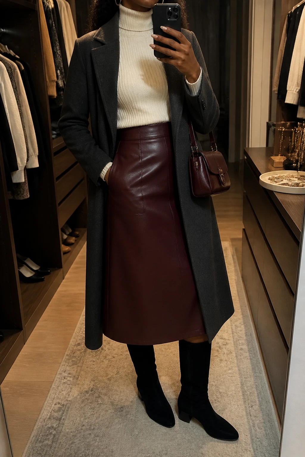 Image Prompt: Mirror selfie of a black woman wearing an ivory fitted fine-knit turtleneck sweater tucked into a burgundy faux-leather A-line midi skirt, black suede knee-high boots with low block heels, a long charcoal grey wool coat worn open, a small burgundy leather shoulder bag, and delicate gold hoop earrings, holding a phone in front of a mirror, cropped at the NECK so the face does not show, with a relaxed casual selfie pose, in a walk-in closet mirror, warm moody indoor lighting, an open closet with clothes visible and a jewelry tray on the vanity, realistic burgundy leather texture, natural cream knit fabric and soft evening shadows, latest iPhone photo quality, no additional clothing or accessories.