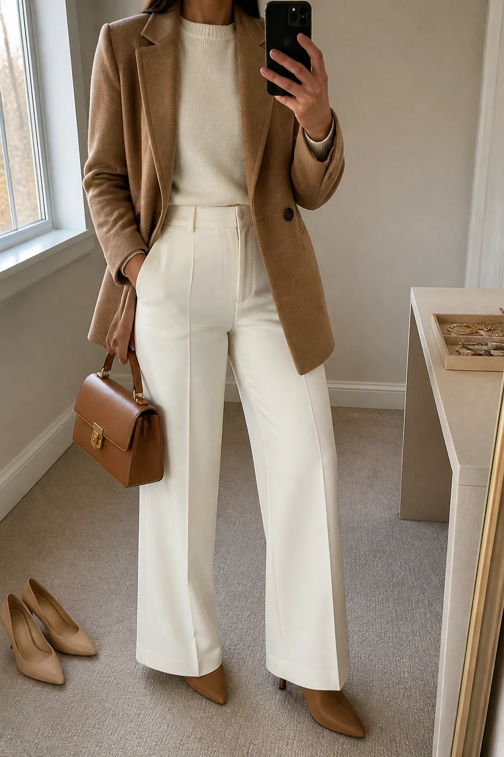 Image Prompt: Mirror selfie of a woman wearing a camel tailored wool-blend blazer left open over an ivory fine-knit crewneck sweater, ivory high-waisted wide-leg tailored trousers, tan leather heeled ankle boots, and carrying a structured caramel leather top-handle bag, holding a phone in front of a mirror, cropped at the NECK so the face does not show, with a relaxed casual selfie pose, in a minimal dressing room, natural window light, a jewelry tray on the vanity and a pair of heels on the floor nearby, realistic winter fabric textures, latest iPhone photo quality, no additional clothing or accessories.