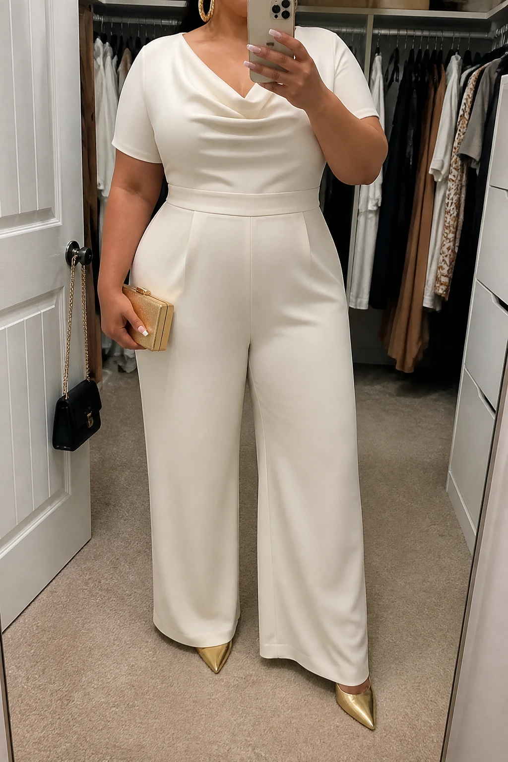 Mirror selfie of a plus size woman wearing an ivory white wide-leg jumpsuit with short sleeves, a softly draped neckline, and a structured waistband, metallic gold pointed pumps, a small gold box clutch, and chunky gold hoop earrings, clearly showing the exact jumpsuit shape, ivory color, fabrics, footwear, and accessories listed, holding a phone in front of a mirror, cropped at the neck so her face does not appear, relaxed polished selfie stance, in a walk-in closet mirror with soft indoor lighting, an open closet with clothes visible and a handbag hanging on a door handle, realistic modern graduation outfit, latest iPhone photo quality.