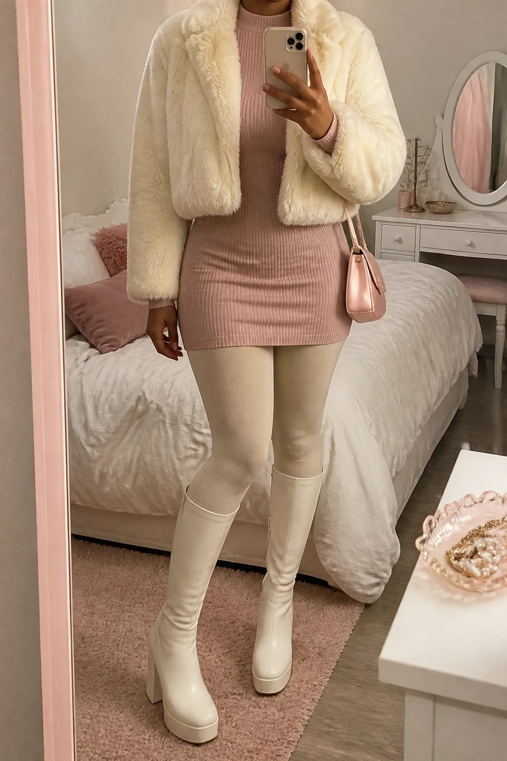 Image Prompt: Mirror selfie of a black woman wearing a cropped cream faux-fur coat open over a dusty pink long-sleeve ribbed knit mini dress with a fitted waist, cream opaque fleece-lined tights, white leather knee-high platform boots with chunky block heels, and a small pale pink satin shoulder bag, holding a phone in front of a mirror, cropped at the NECK so the face does not show, with a relaxed casual selfie pose, in a feminine-themed bedroom, warm soft indoor lighting, soft pillows on an unmade bed and a jewelry tray on the vanity, natural pale pink tones, realistic faux-fur and ribbed knit textures, latest iPhone photo quality, no additional clothing or accessories.