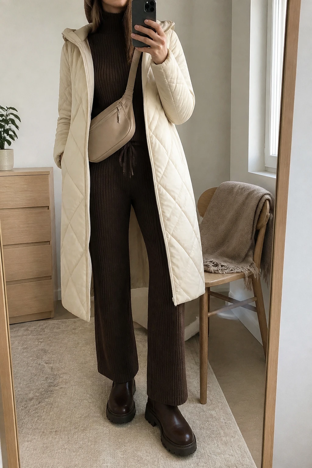 Image Prompt: Mirror selfie of a woman wearing a long cream insulated quilted winter coat over a chocolate brown fitted ribbed knit mock-neck sweater and matching chocolate brown straight-leg ribbed knit trousers, dark brown waterproof leather chunky ankle boots with flat rubber soles, a small beige nylon zippered crossbody bag, and a cream wool beanie, holding a phone in front of a mirror, cropped at the NECK so the face does not show, with a relaxed casual selfie pose, in a minimal dressing room, soft natural window light, a folded blanket on a chair and a small plant on a dresser, realistic cream quilted fabric, natural matching brown knit textures and comfortable travel styling, latest iPhone photo quality, no additional clothing or accessories.