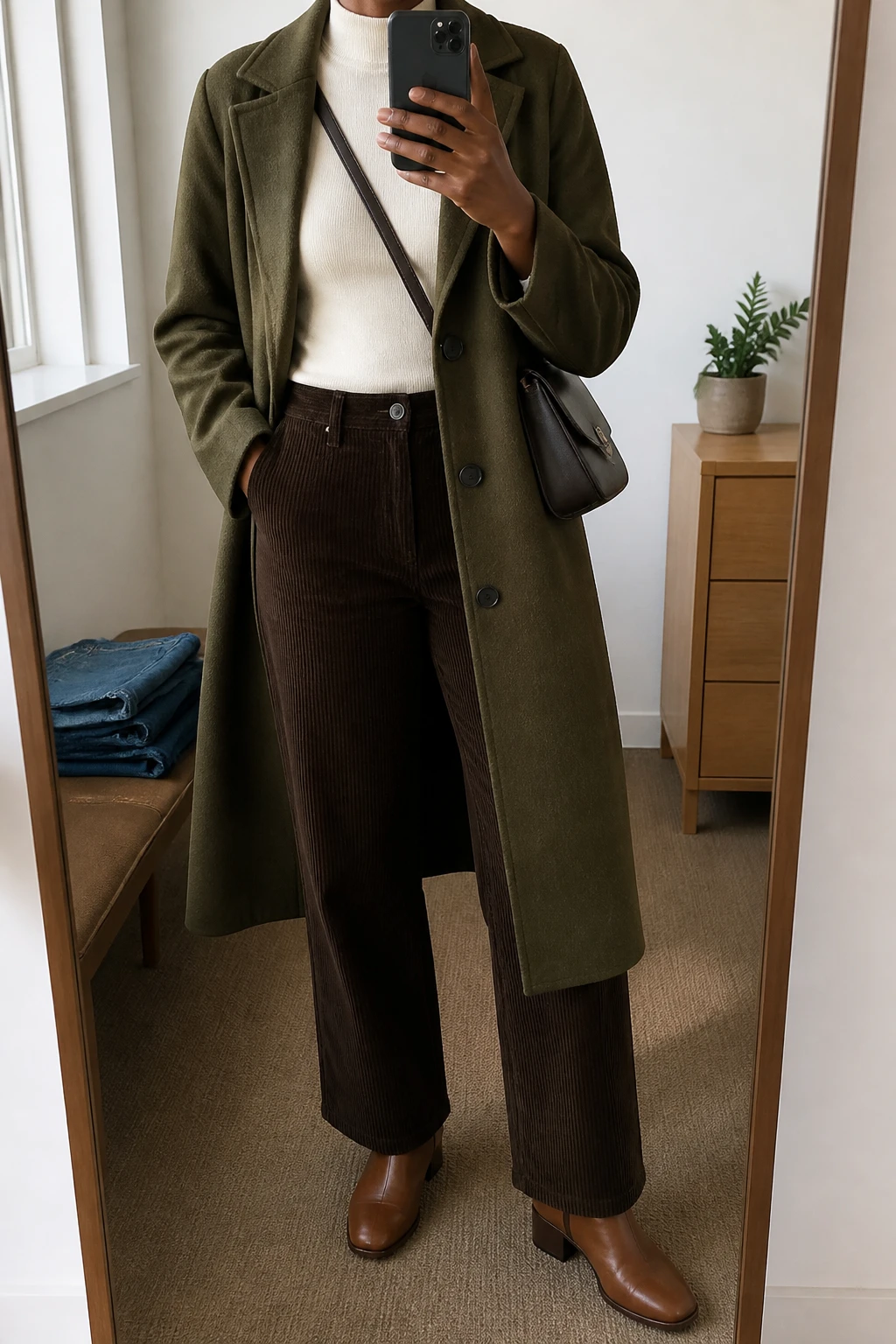 Image Prompt: Mirror selfie of a black woman wearing a long olive green single-breasted wool coat over an ivory fitted cashmere mock-neck sweater, dark chocolate brown high-waisted straight-leg corduroy trousers, cognac leather low block-heel ankle boots, and a small dark brown leather crossbody bag, holding a phone in front of a mirror, cropped at the NECK so the face does not show, with a relaxed casual selfie pose, in a minimal dressing room, soft natural window light, folded denim jeans on a bench and a small plant on a dresser, realistic olive wool texture, visible corduroy ridges, natural brown skin visible on hands, latest iPhone photo quality, no additional clothing or accessories.