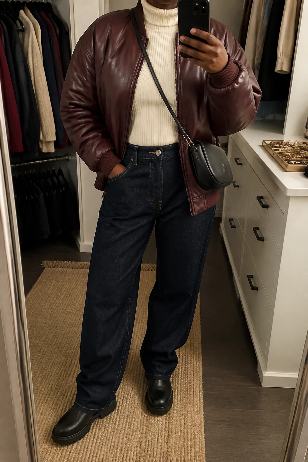 Image Prompt: Mirror selfie of a black woman wearing an oversized burgundy padded faux-leather bomber jacket over a cream fitted fine-knit turtleneck sweater, dark indigo high-waisted baggy straight-leg denim jeans, black leather chunky flat ankle boots, and a small black leather crossbody bag, holding a phone in front of a mirror, cropped at the NECK so the face does not show, with a relaxed casual selfie pose, in a walk-in closet mirror, warm soft indoor lighting, an open closet with clothes visible and a jewelry tray on the vanity, realistic burgundy leather grain, natural cream knit texture and relaxed dark denim creases, latest iPhone photo quality, no additional clothing or accessories.