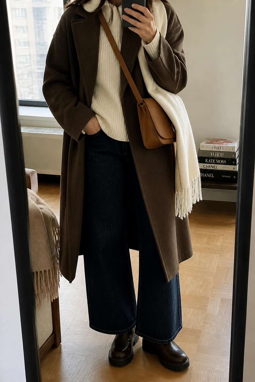Image Prompt: Mirror selfie of a woman wearing a long chocolate brown wool wrap coat over a cream oversized ribbed knit sweater, dark indigo wide-leg jeans, dark brown leather chunky ankle boots with rubber soles, a caramel leather crossbody bag, and a cream wool scarf, holding a phone in front of a mirror, cropped at the NECK so the face does not show, with a relaxed casual selfie pose, in a stylish city apartment, natural window light, a stack of fashion magazines on a side table and a folded blanket on a chair, true-to-life brown and cream tones, realistic sweater texture, latest iPhone photo quality, no additional clothing or accessories.