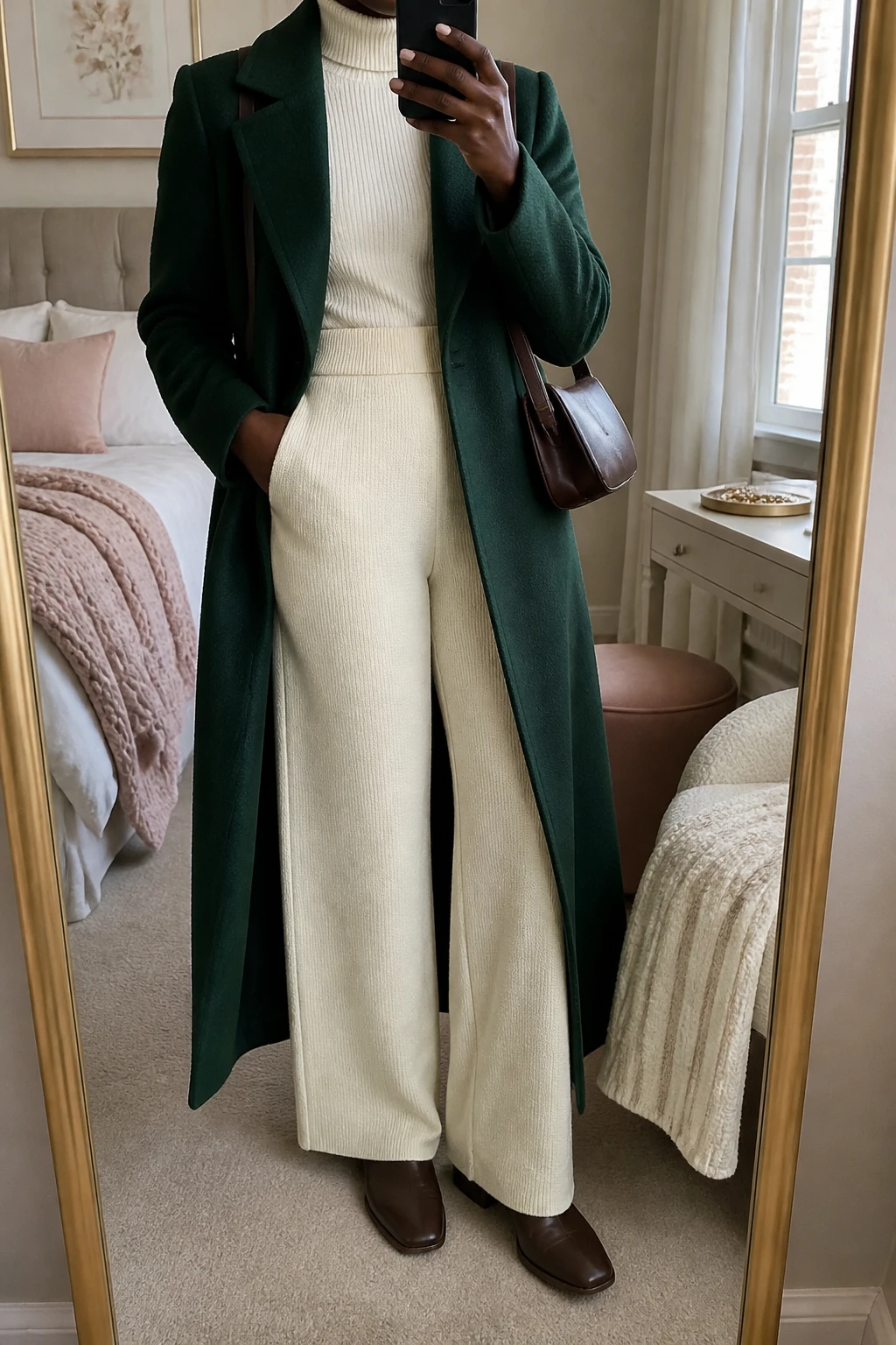 Image Prompt: Mirror selfie of a black woman wearing a long deep emerald green tailored wool coat over an ivory fitted ribbed turtleneck sweater, cream high-waisted wide-leg thick knit trousers, chocolate brown leather flat ankle boots, a structured dark brown leather shoulder bag, and delicate gold stud earrings, holding a phone in front of a mirror, cropped at the NECK so the face does not show, with a relaxed casual selfie pose, in a feminine-themed bedroom, soft natural window light, a folded blanket on a chair and a jewelry tray on the vanity, realistic emerald green wool texture, natural cream knit trouser folds, soft ivory ribbed fabric and warm leather details, latest iPhone photo quality, no additional clothing or accessories.