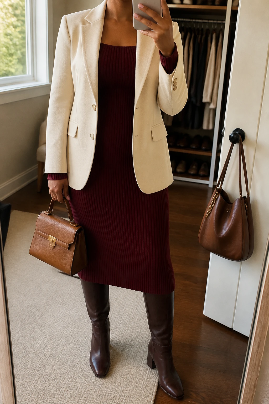 Image Prompt: Mirror selfie of a black woman wearing a cream tailored wool-blend blazer over a burgundy long-sleeve ribbed knit midi dress with a modest square neckline and softly fitted waist, dark brown leather knee-high low block-heel boots, a small structured caramel leather handbag, and delicate gold stud earrings, holding a phone in front of a mirror, cropped at the NECK so the face does not show, with a relaxed casual selfie pose, in a walk-in closet mirror, soft natural window light, an open closet with clothes visible and a handbag hanging on a door handle, realistic burgundy ribbed knit texture, natural cream blazer folds and polished styling, latest iPhone photo quality, no additional clothing or accessories.