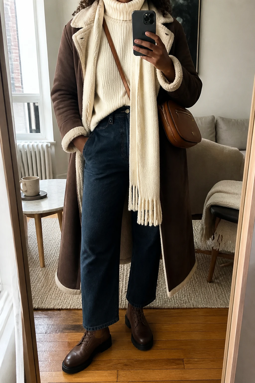 Image Prompt: Mirror selfie of a black woman wearing a long chocolate brown faux-suede shearling-lined coat with a cream fleece collar over a cream thick ribbed turtleneck sweater, dark indigo high-waisted straight-leg jeans, dark brown waterproof leather lace-up ankle boots with rubber lug soles, a small caramel leather zippered crossbody bag, and a cream chunky wool scarf, holding a phone in front of a mirror, cropped at the NECK so the face does not show, with a relaxed casual selfie pose, in a stylish city apartment, soft natural window light, a coffee mug on a side table and a folded blanket on a chair, realistic shearling texture, natural dark denim creases and warm neutral tones, latest iPhone photo quality, no additional clothing or accessories.