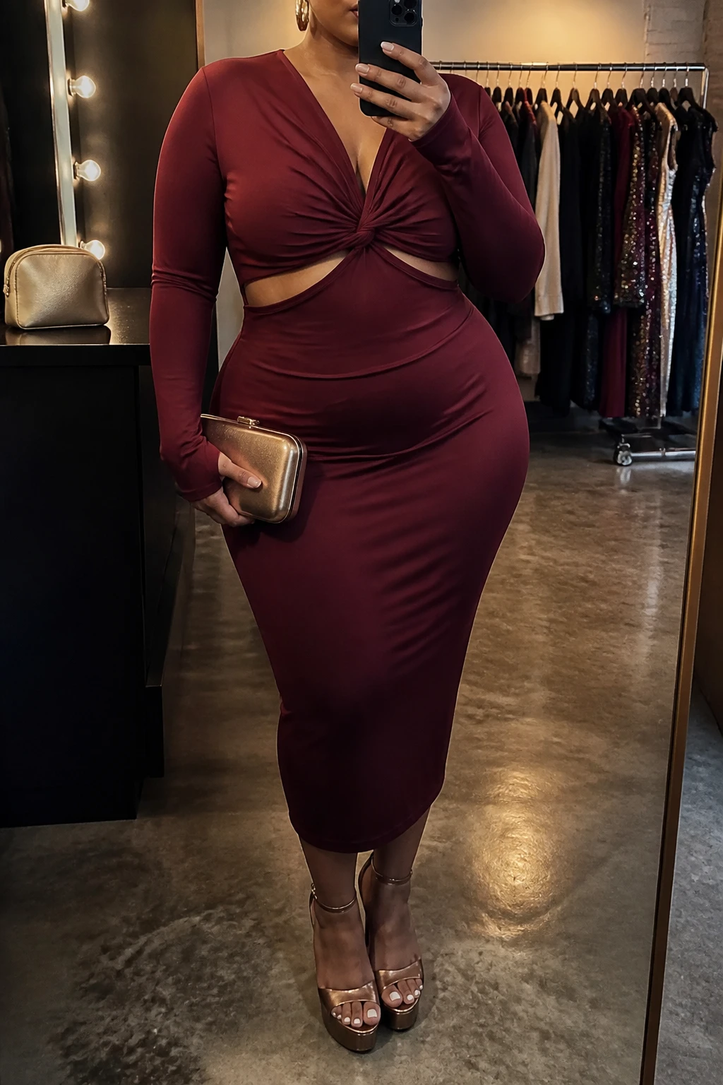 Mirror selfie of a plus size woman wearing a burgundy stretch midi dress with long sleeves, a twisted front, and small waist cutouts, metallic bronze platform heels, a bronze hard-case clutch, and hammered gold hoop earrings, clearly showing the exact clothing items, burgundy fabric, twist detail, cutouts, footwear, and accessories listed, holding a phone in front of a mirror, cropped at the neck so the face is hidden, relaxed confident selfie stance, in a fashion studio mirror corner with warm moody lighting, a cosmetic bag on the counter and a clothing rack with garments behind her, realistic birthday cocktail outfit, latest iPhone photo quality.