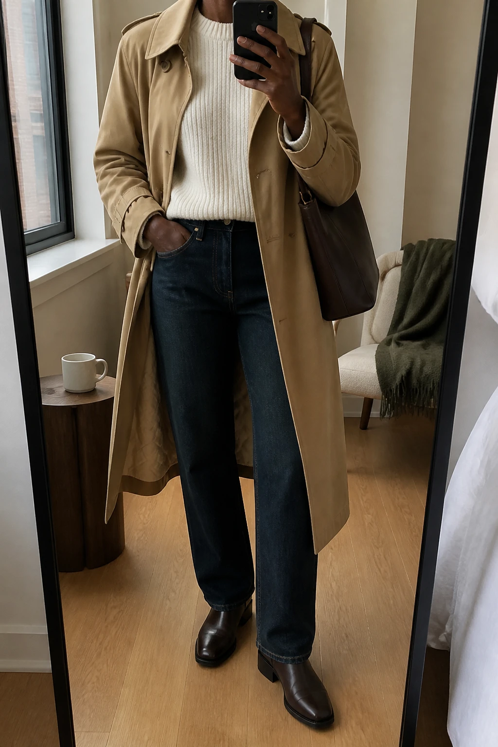 Image Prompt: Mirror selfie of a black woman wearing a camel cotton-blend trench coat with a removable quilted lining, left open over a cream chunky ribbed crewneck sweater, dark indigo high-waisted straight-leg jeans, chocolate brown leather flat ankle boots, and a structured dark brown leather shoulder bag, holding a phone in front of a full-length mirror, cropped at the NECK so the face does not show, with a relaxed casual selfie pose, in a stylish city apartment, soft natural window light, a coffee mug on a side table and a folded blanket on a chair, realistic trench coat fabric, natural sweater texture, slightly imperfect everyday appearance, latest iPhone photo quality, no additional clothing or accessories.