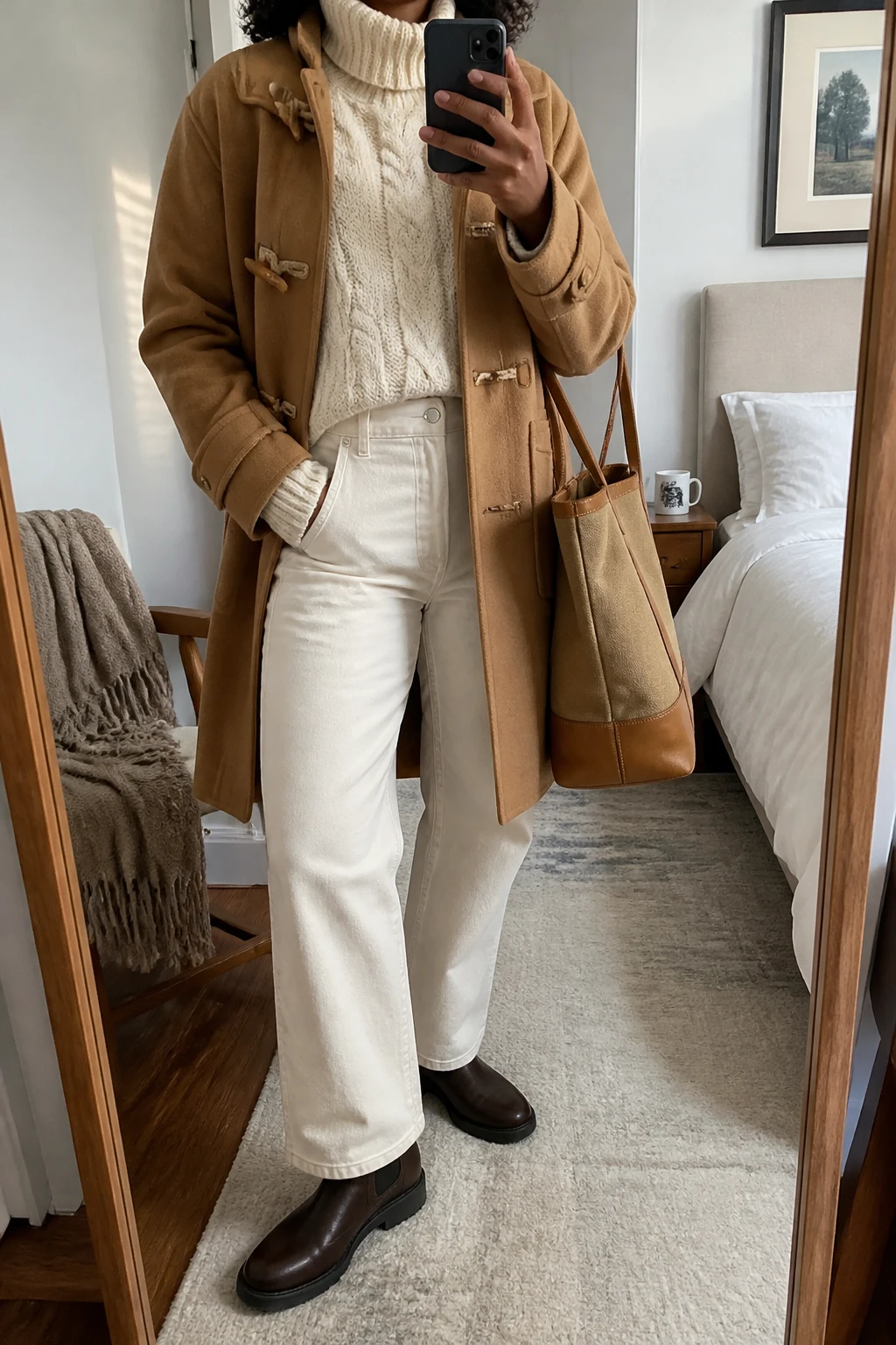 Image Prompt: Mirror selfie of a black woman wearing a camel wool-blend duffle coat with wooden toggle fastenings over an ivory oversized chunky cable-knit turtleneck sweater, winter-white high-waisted relaxed straight-leg denim jeans, chocolate brown leather flat Chelsea boots with rubber soles, and a medium tan canvas-and-leather tote bag, holding a phone in front of a mirror, cropped at the NECK so the face does not show, with a relaxed casual selfie pose, in a cozy bedroom mirror setup, soft natural window light, a coffee mug on a bedside table and a folded blanket on a chair, realistic camel wool fabric, natural cream cable-knit texture and slightly creased denim, latest iPhone photo quality, no additional clothing or accessories.