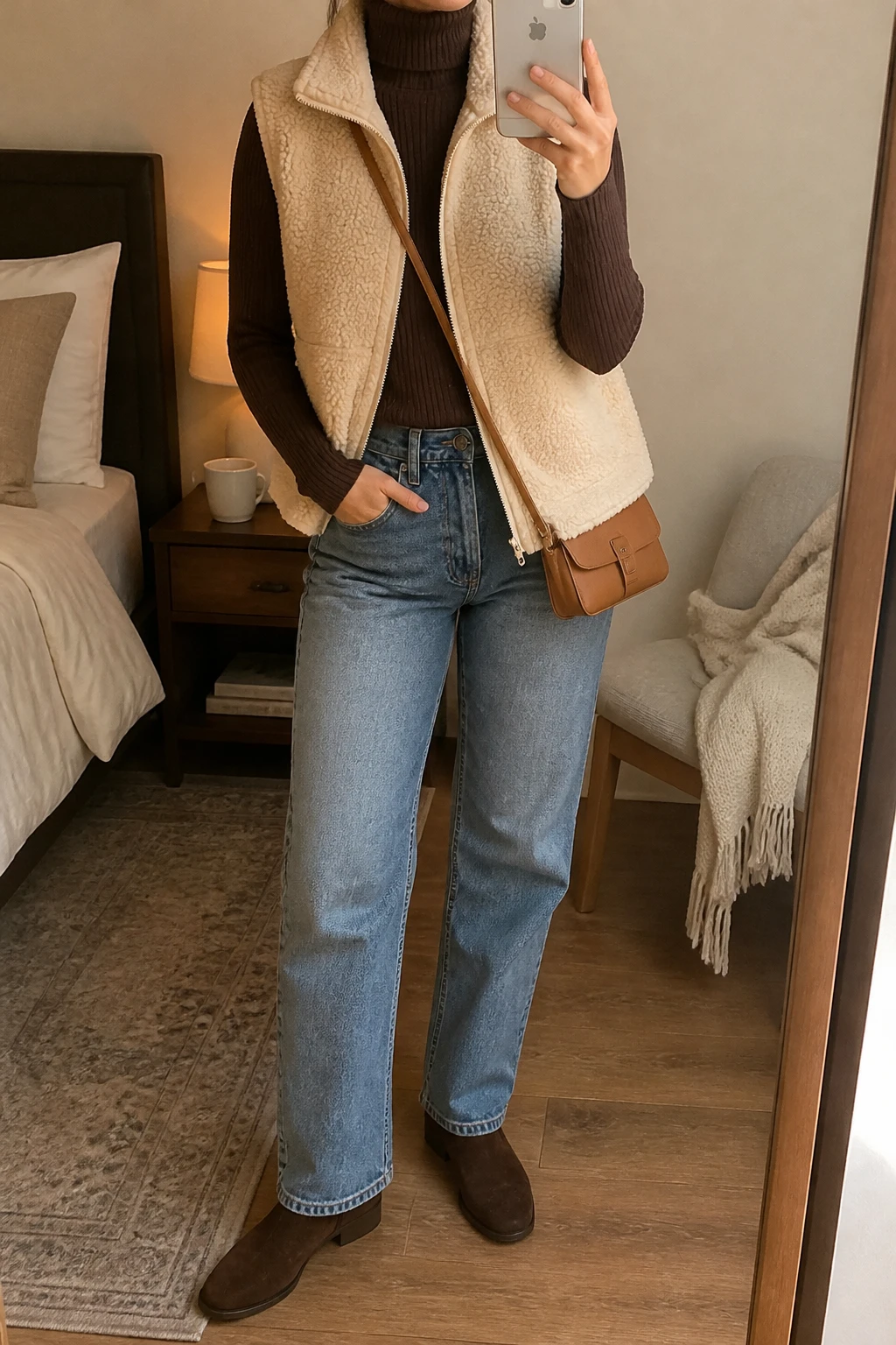 Image Prompt: Mirror selfie of a woman wearing a cream sleeveless teddy-fleece vest over a chocolate brown thick ribbed long-sleeve turtleneck sweater, medium-wash blue straight-leg denim jeans, dark brown suede flat ankle boots, and a small tan leather crossbody bag, holding a phone in front of a mirror, cropped at the NECK so the face does not show, with a relaxed casual selfie pose, in a cozy bedroom mirror setup, warm soft indoor lighting, a coffee mug on a bedside table and a folded blanket on a chair, believable teddy-fleece texture, natural sweater ribbing and denim folds, latest iPhone photo quality, no additional clothing or accessories.
