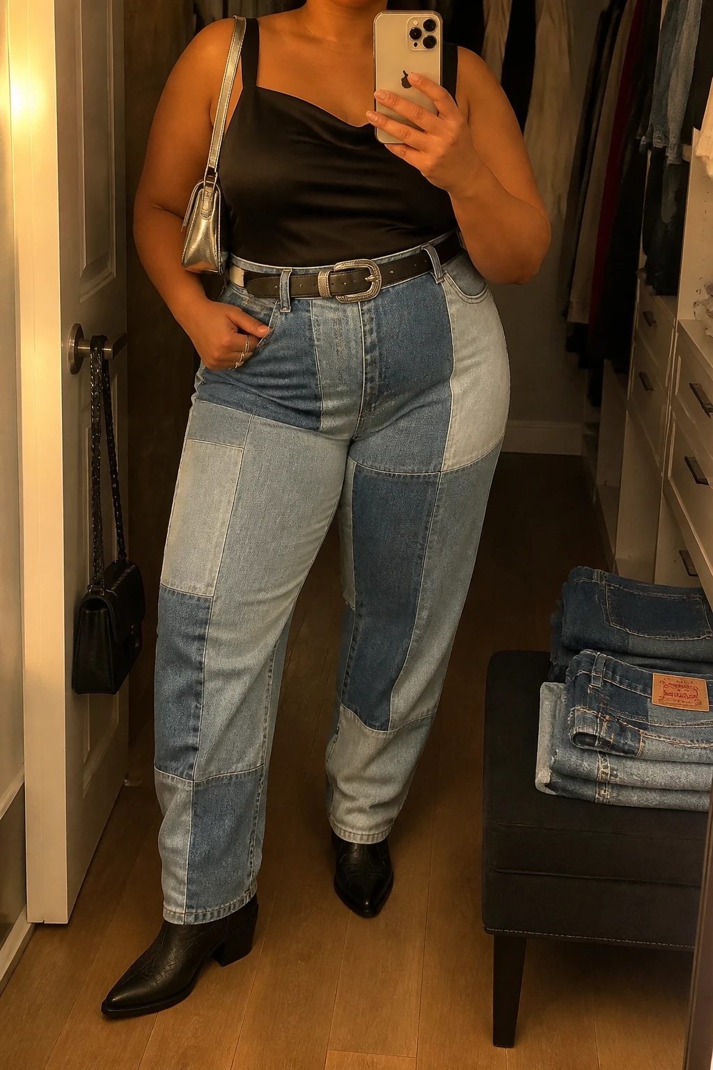 Mirror selfie of a plus size woman wearing high-waisted patchwork straight-leg jeans with mixed light and medium blue denim panels, a fitted black satin camisole with wide supportive straps, black pointed cowboy boots, a black leather Western belt with a silver oval buckle, and a small silver shoulder bag, clearly showing the exact clothing items, patchwork denim, black satin, boots, belt, and accessories listed, holding a phone in front of a mirror, cropped at the neck so her face does not appear, relaxed bold selfie stance, in a walk-in closet mirror with evening golden-hour lighting, folded denim jeans on a bench and a handbag hanging on a door handle, realistic night-out outfit, latest iPhone photo quality.