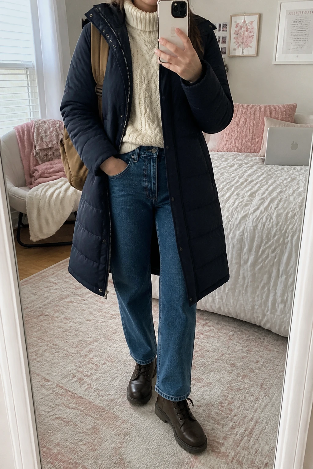 Image Prompt: Mirror selfie of a woman wearing a long navy insulated quilted puffer coat over a cream chunky cable-knit turtleneck sweater, medium-wash blue high-waisted straight-leg denim jeans, dark brown waterproof leather lace-up ankle boots with flat rubber soles, and a medium tan canvas zippered backpack, holding a phone in front of a full-length mirror, cropped at the NECK so the face does not show, with a relaxed casual selfie pose, in a feminine-themed bedroom, soft natural window light, a folded blanket on a chair and a laptop on the bed, realistic navy puffer fabric, natural cream cable-knit texture, slightly creased blue denim and comfortable winter campus styling, latest iPhone photo quality, no additional clothing or accessories.
