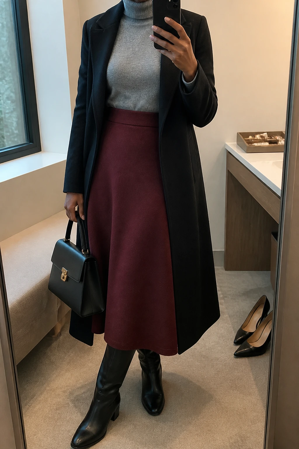 Image Prompt: Mirror selfie of a black woman wearing a heather grey fitted cashmere turtleneck sweater tucked into a burgundy wool-blend A-line midi skirt, black leather knee-high boots with low block heels, a long black tailored wool coat worn open, and a structured black leather top-handle handbag, holding a phone in front of a mirror, cropped at the NECK so the face does not show, with a relaxed casual selfie pose, in a minimal dressing room, soft natural window light, a jewelry tray on the vanity and a pair of heels on the floor nearby, realistic grey cashmere texture, natural burgundy wool folds and polished modest styling, latest iPhone photo quality, no additional clothing or accessories.