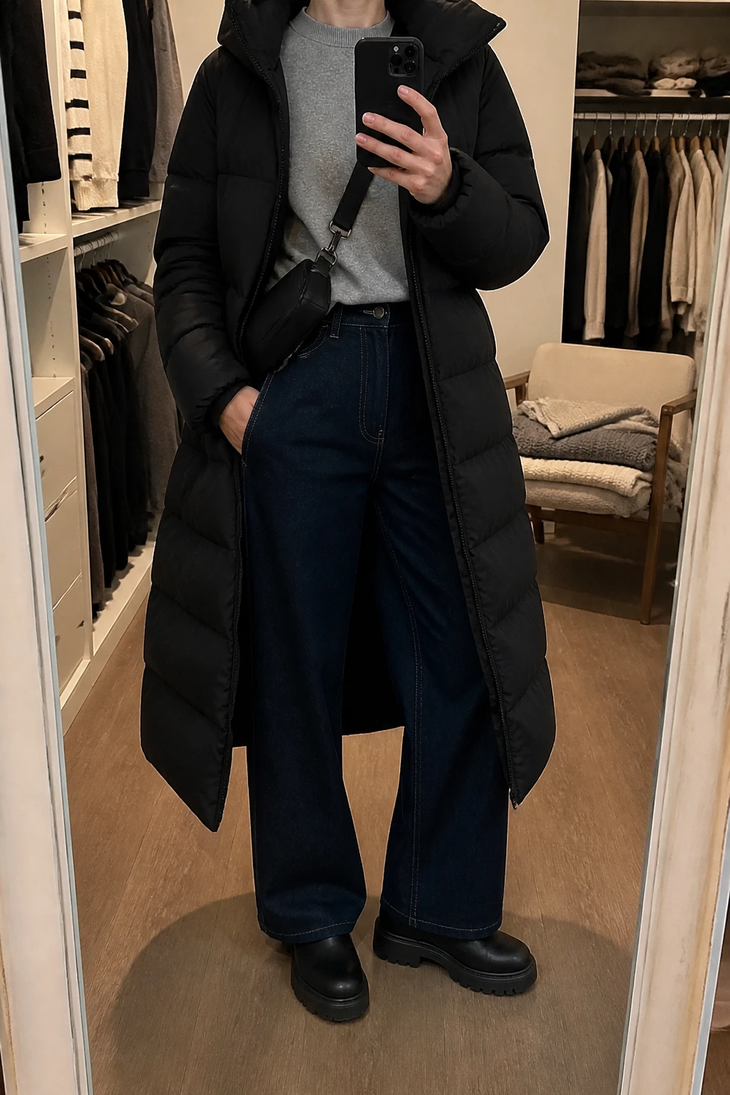 Image Prompt: Mirror selfie of a woman wearing a long black insulated hooded puffer coat extending below the knees over a heather grey thick fleece-lined crewneck sweatshirt, dark indigo high-waisted wide-leg denim jeans, black waterproof insulated Chelsea boots with chunky flat rubber lug soles, a small black nylon crossbody bag, and a charcoal grey ribbed knit beanie, holding a phone in front of a mirror, cropped at the NECK so the face does not show, with a relaxed casual selfie pose, in a walk-in closet mirror, soft indoor lighting, an open closet with clothes visible and a folded blanket on a chair, realistic black puffer volume, natural grey fleece texture, dark denim folds, practical winter styling, latest iPhone photo quality, no additional clothing or accessories.