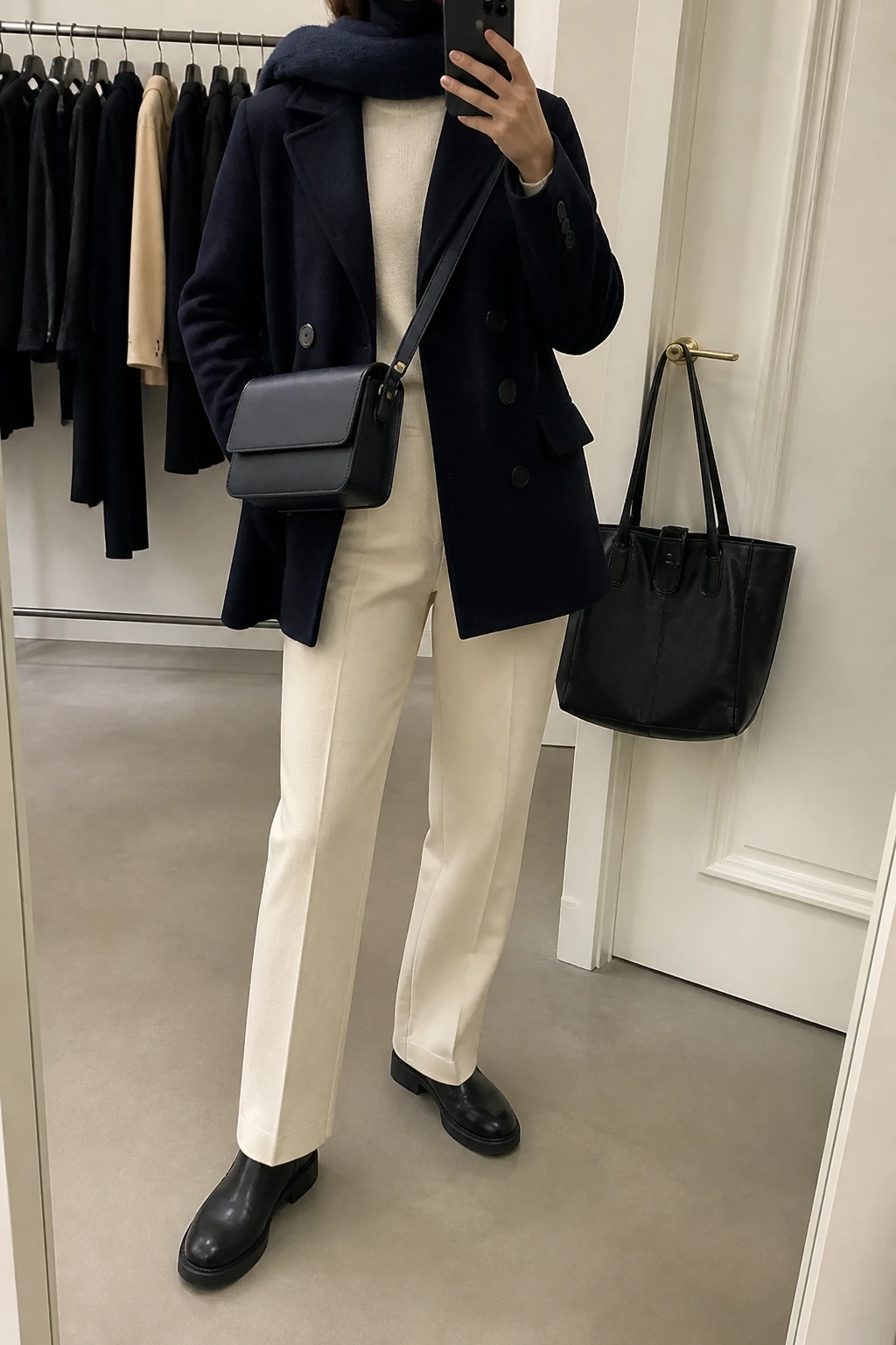 Image Prompt: Mirror selfie of a woman wearing a navy double-breasted wool peacoat over a cream fine-knit cashmere crewneck sweater, cream high-waisted straight-leg wool trousers, black leather flat ankle boots with grippy soles, a structured navy leather crossbody bag, and a navy wool scarf, holding a phone in front of a mirror, cropped at the NECK so the face does not show, with a relaxed casual selfie pose, in a fashion studio mirror corner, soft indoor lighting, a clothing rack with garments behind and a handbag hanging on a door handle, realistic tailored fabric, natural everyday appearance, latest iPhone photo quality, no additional clothing or accessories.