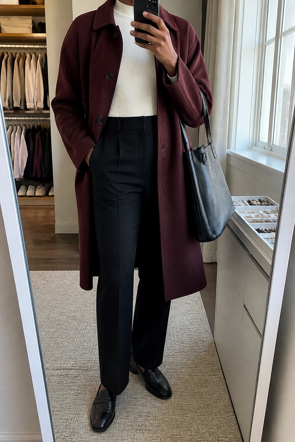 Image Prompt: Mirror selfie of a black woman wearing a burgundy lightweight single-breasted wool-blend coat over a cream fitted cotton mock-neck top, black high-waisted straight-leg tailored trousers, black leather flat loafers, and a structured black leather tote bag, holding a phone in front of a mirror, cropped at the NECK so the face does not show, with a relaxed casual selfie pose, in a walk-in closet mirror, soft natural window light, an open closet with clothes visible and a jewelry tray on the vanity, realistic burgundy wool fabric, natural trouser creases and soft cream cotton texture, latest iPhone photo quality, no additional clothing or accessories.