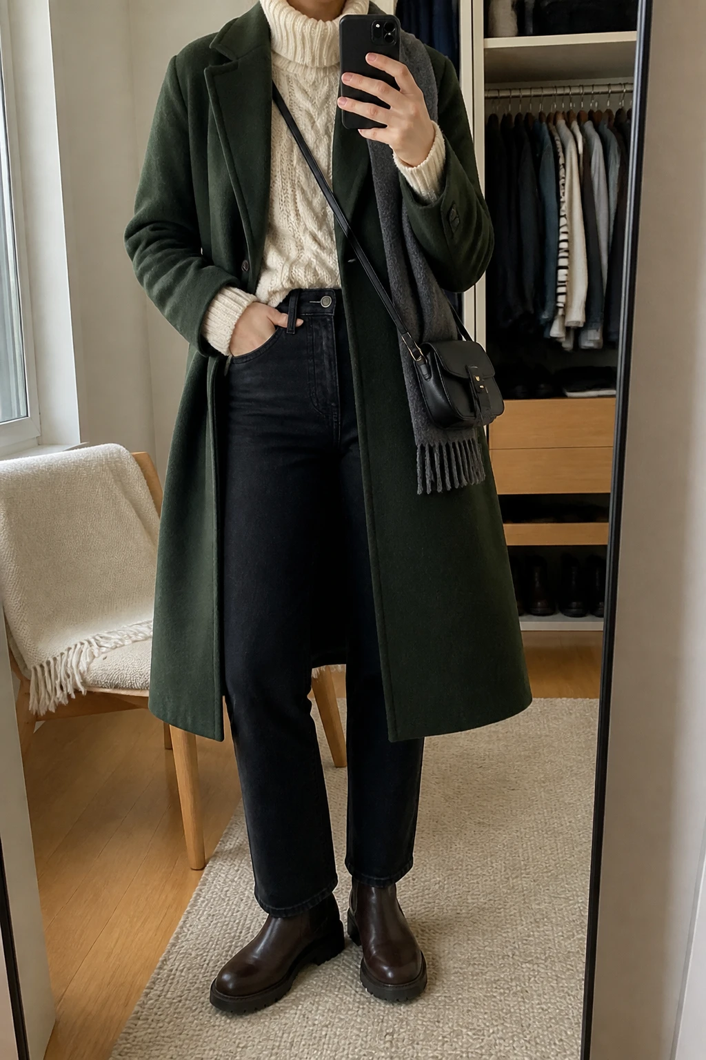 Image Prompt: Mirror selfie of a woman wearing a long forest green single-breasted tailored wool coat over a cream chunky cable-knit turtleneck sweater, solid black high-waisted straight-leg denim jeans, dark brown leather waterproof flat Chelsea boots with rubber soles, a small black leather crossbody bag, and a charcoal grey cashmere scarf, holding a phone in front of a full-length mirror, cropped at the NECK so the face does not show, with a relaxed casual selfie pose, in a walk-in closet mirror, soft natural window light, an open closet with clothes visible and a folded blanket on a chair, realistic forest green wool texture, natural cream cable-knit stitches, soft grey scarf folds and black denim creases, latest iPhone photo quality, no additional clothing or accessories.