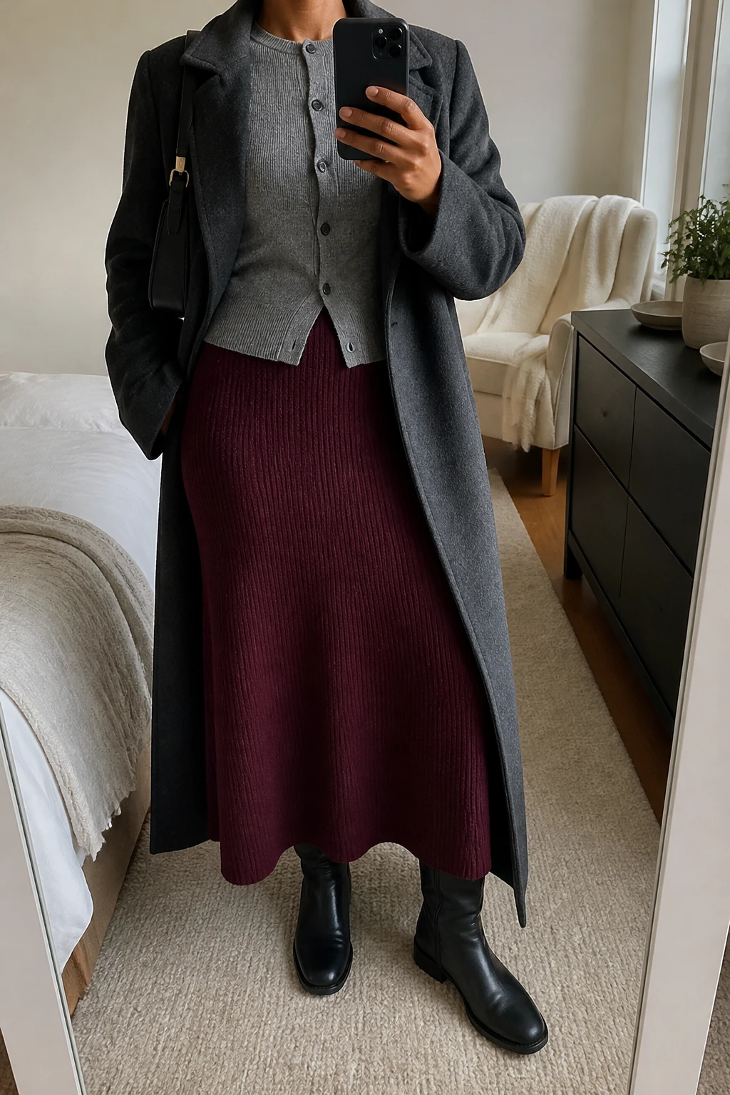 Image Prompt: Mirror selfie of a black woman wearing a heather grey fitted wool button-front cardigan fully buttoned over a burgundy high-waisted ribbed knit A-line maxi skirt, black leather knee-high flat boots, a long charcoal grey tailored wool coat worn open, and a small black structured shoulder bag, holding a phone in front of a mirror, cropped at the NECK so the face does not show, with a relaxed casual selfie pose, in a cozy bedroom mirror setup, soft natural window light, a folded blanket on a chair and a small plant on a dresser, realistic grey wool cardigan stitches, natural burgundy knit skirt folds, comfortable winter outfit proportions, latest iPhone photo quality, no additional clothing or accessories.