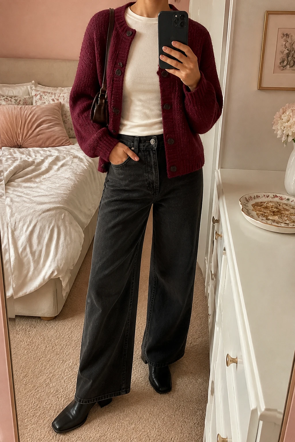 Image Prompt: Mirror selfie of a woman wearing a deep burgundy chunky-knit button-front cardigan over an ivory fitted long-sleeve cotton crewneck top, washed black high-waisted wide-leg denim jeans, black leather square-toe ankle boots with low block heels, and a small chocolate brown leather shoulder bag, holding a phone in front of a mirror, cropped at the NECK so the face does not show, with a relaxed casual selfie pose, in a feminine-themed bedroom, warm soft indoor lighting, soft pillows on an unmade bed and a jewelry tray on the vanity, realistic burgundy knit texture, natural washed black denim folds, slightly imperfect everyday styling, latest iPhone photo quality, no additional clothing or accessories.