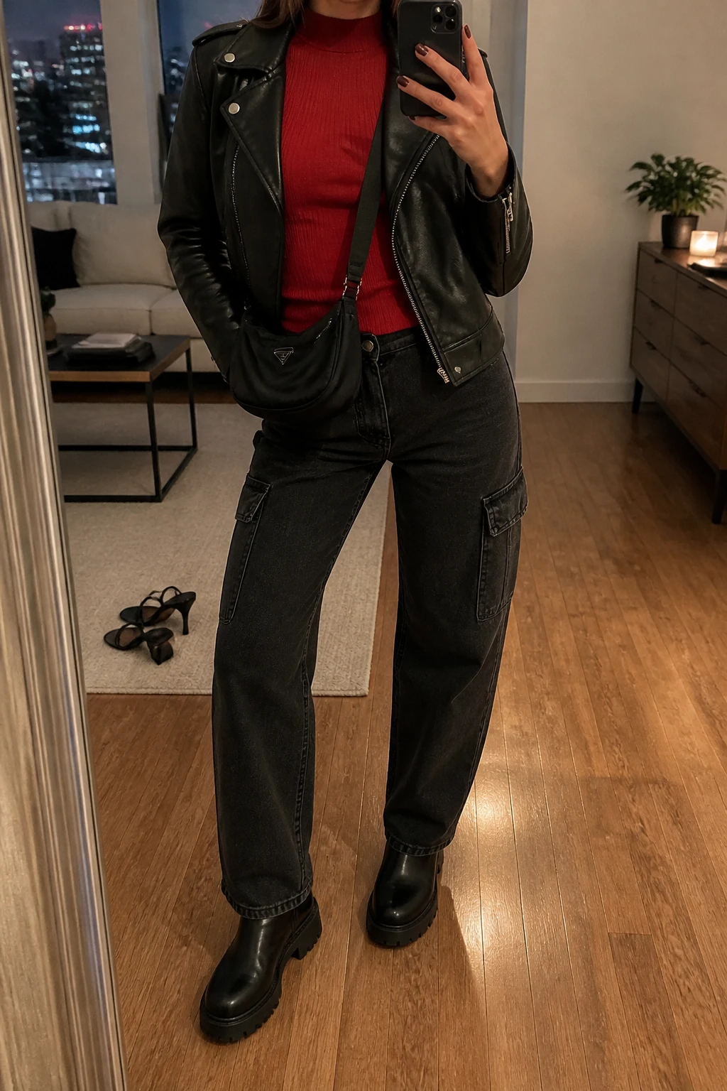 Image Prompt: Mirror selfie of a woman wearing a cherry red fitted long-sleeve ribbed mock-neck top, washed black straight-leg denim cargo jeans with side pockets, a cropped black faux-leather biker jacket worn open, black leather chunky flat ankle boots, and a small black nylon crossbody bag, holding a phone in front of a mirror, cropped at the NECK so the face does not show, with a relaxed casual selfie pose, in a stylish city apartment, warm moody lighting, a pair of heels on the floor nearby and a small plant on a dresser, natural red color, realistic black cargo denim creases and leather texture, latest iPhone photo quality, no additional clothing or accessories.