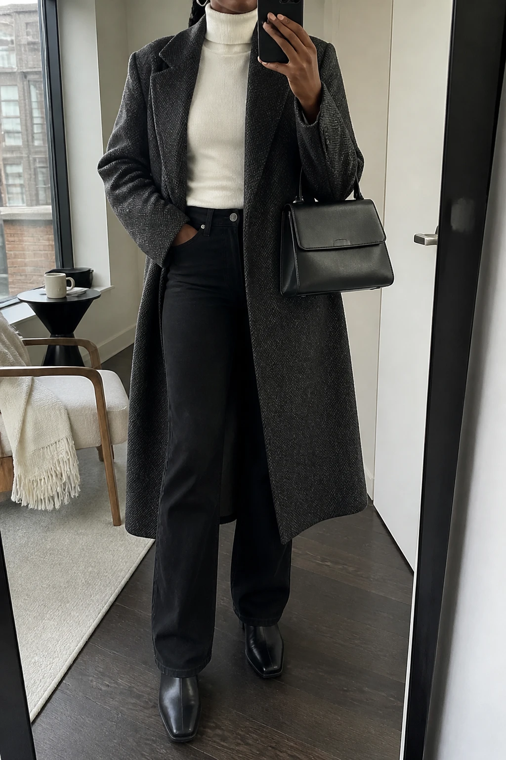 Image Prompt: Mirror selfie of a black woman wearing a long charcoal grey herringbone wool coat over an icy white fitted cashmere turtleneck sweater, solid black high-waisted bootcut denim jeans, black polished leather square-toe ankle boots with low block heels, a structured black leather top-handle handbag, and small silver hoop earrings, holding a phone in front of a full-length mirror, cropped at the NECK so the face does not show, with a relaxed casual selfie pose, in a stylish city apartment, soft natural window light, a coffee mug on a side table and a folded blanket on a chair, realistic charcoal herringbone wool texture, natural white cashmere folds, believable black bootcut denim proportions, latest iPhone photo quality, no additional clothing or accessories.