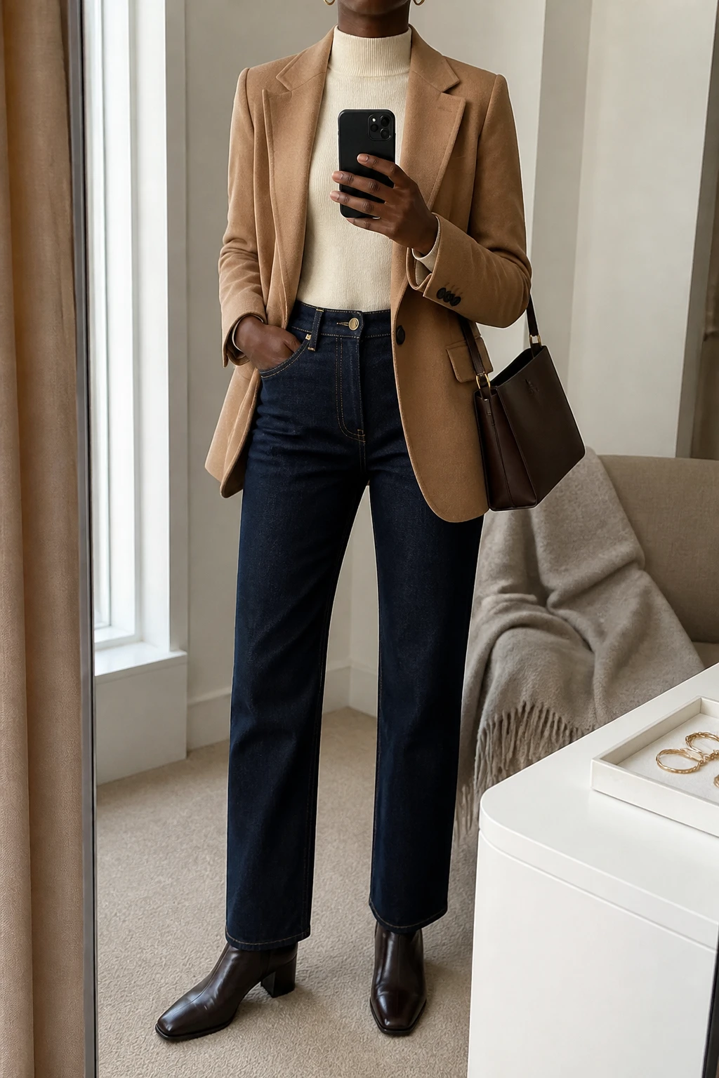 Image Prompt: Mirror selfie of a black woman wearing a camel tailored wool-blend blazer over an ivory fitted cashmere mock-neck sweater, dark indigo high-waisted straight-leg jeans with no fading or distressing, dark brown polished leather ankle boots with low block heels, a structured chocolate brown leather handbag, and small gold hoop earrings, holding a phone in front of a mirror, cropped at the NECK so the face does not show, with a relaxed casual selfie pose, in a minimal dressing room, soft natural window light, a folded blanket on a chair and a jewelry tray on the vanity, realistic camel blazer tailoring, dark indigo denim with natural creases, understated polished appearance, latest iPhone photo quality, no additional clothing or accessories.