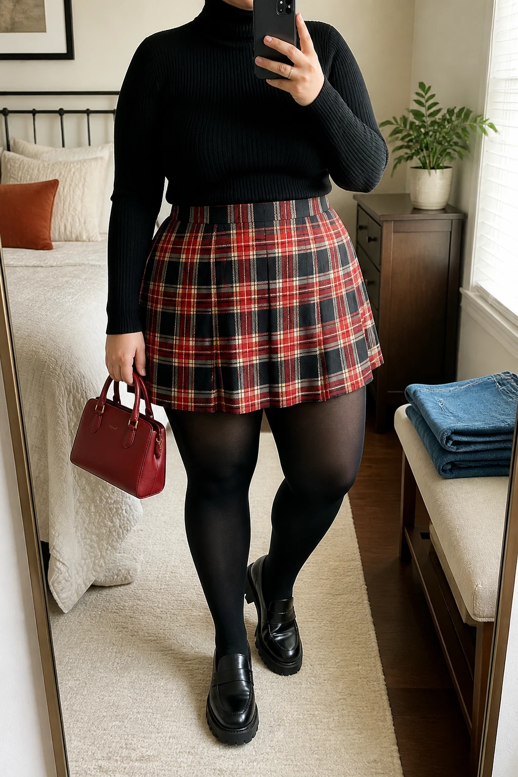 Mirror selfie of a plus size woman wearing a red, black, and cream plaid high-waisted mini skirt with a softly pleated A-line shape, a fitted black ribbed turtleneck, opaque black tights, black leather loafers with chunky soles, and a structured red mini handbag, clearly showing the exact clothing items, plaid pattern, colors, pleats, knit texture, footwear, and accessories listed, holding a phone in front of a mirror, cropped at the neck so her face does not show, relaxed polished selfie pose, in a cozy bedroom mirror setup with natural window light, folded denim jeans on a bench and a small plant on a dresser, realistic autumn outfit, latest iPhone photo quality.