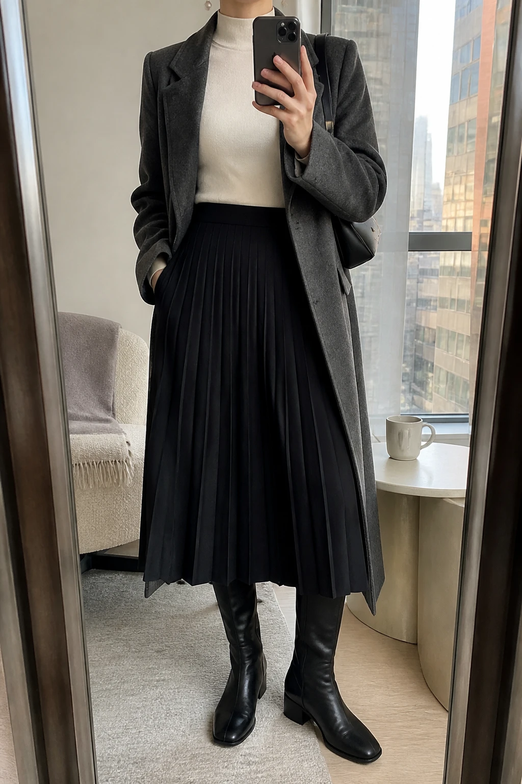 Image Prompt: Mirror selfie of a woman wearing a cream fitted cashmere mock-neck sweater tucked into a black high-waisted wool-blend pleated midi skirt, black leather knee-high boots with low block heels, a long charcoal grey tailored wool coat worn open, a structured black leather shoulder bag, and small pearl drop earrings, holding a phone in front of a mirror, cropped at the NECK so the face does not show, with a relaxed casual selfie pose, in a stylish city apartment, soft natural window light, a coffee mug on a side table and a folded blanket on a chair, realistic cream cashmere texture, natural black wool pleats, soft charcoal coat folds, latest iPhone photo quality, no additional clothing or accessories.