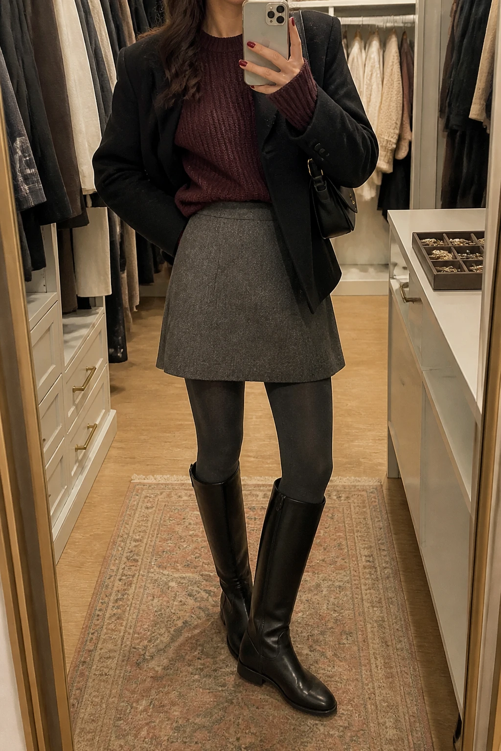 Image Prompt: Mirror selfie of a woman wearing a burgundy oversized chunky-knit crewneck sweater, a heather grey high-waisted wool-blend A-line mini skirt, charcoal grey opaque fleece-lined tights, black leather knee-high flat boots, a cropped black tailored wool jacket, and a small black leather shoulder bag, holding a phone in front of a mirror, cropped at the NECK so the face does not show, with a relaxed casual selfie pose, in a walk-in closet mirror, warm soft indoor lighting, an open closet with clothes visible and a jewelry tray on the vanity, realistic burgundy chunky-knit fabric, natural grey wool skirt folds, warm tights texture, latest iPhone photo quality, no additional clothing or accessories.
