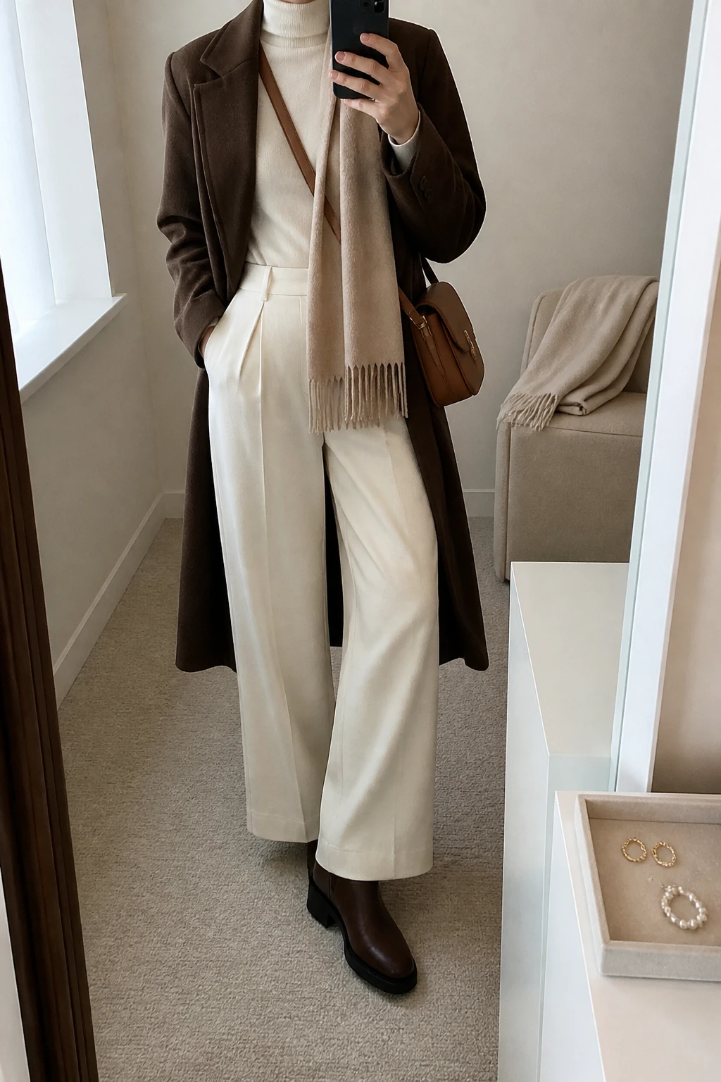 Image Prompt: Mirror selfie of a woman wearing a long chocolate brown tailored wool coat over an ivory fitted cashmere turtleneck sweater, cream high-waisted wide-leg wool trousers, dark brown waterproof leather ankle boots with low block heels and rubber soles, a structured caramel leather zippered crossbody bag, and a beige cashmere scarf, holding a phone in front of a mirror, cropped at the NECK so the face does not show, with a relaxed casual selfie pose, in a minimal dressing room, soft natural window light, a jewelry tray on the vanity and a folded blanket on a chair, realistic chocolate wool fabric and natural cream trouser folds, latest iPhone photo quality, no additional clothing or accessories.