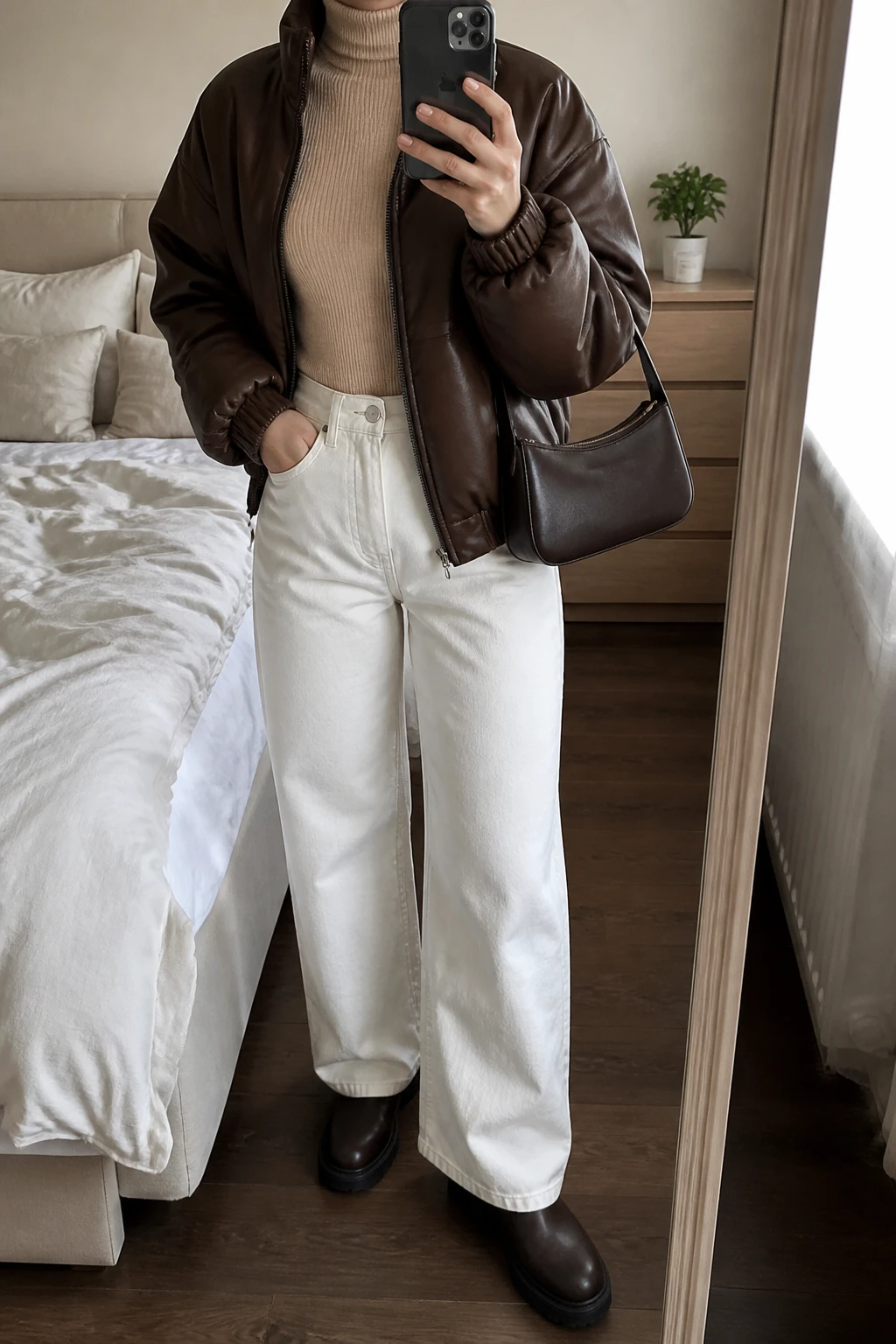 Image Prompt: Mirror selfie of a woman wearing an oversized chocolate brown padded faux-leather bomber jacket over a beige fitted fine-knit turtleneck sweater, winter-white high-waisted wide-leg denim jeans, dark brown leather chunky flat Chelsea boots, and a small structured chocolate brown leather shoulder bag, holding a phone in front of a mirror, cropped at the NECK so the face does not show, with a relaxed casual selfie pose, in a cozy bedroom mirror setup, natural window light, soft pillows on an unmade bed and a small plant on a dresser, realistic chocolate faux-leather grain, natural beige knit fabric, slightly creased winter-white denim, latest iPhone photo quality, no additional clothing or accessories.
