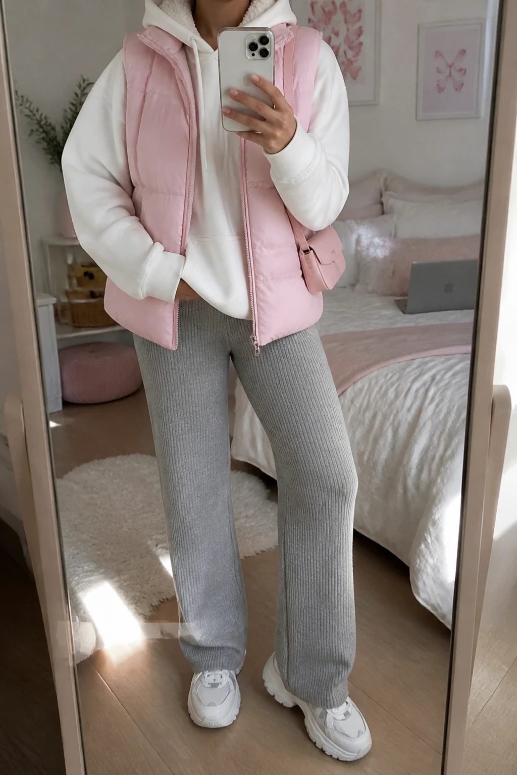 Image Prompt: Mirror selfie of a woman wearing a baby pink quilted insulated puffer vest over a white oversized fleece-lined hoodie, heather grey straight-leg ribbed knit trousers, white chunky platform sneakers with grey accents, and a small baby pink nylon shoulder bag, holding a phone in front of a mirror, cropped at the NECK so the face does not show, with a relaxed casual selfie pose, in a feminine-themed bedroom, soft natural window light, soft pillows on an unmade bed and a laptop on the bed, realistic pastel pink puffer texture and soft grey knit fabric, latest iPhone photo quality, no additional clothing or accessories.
