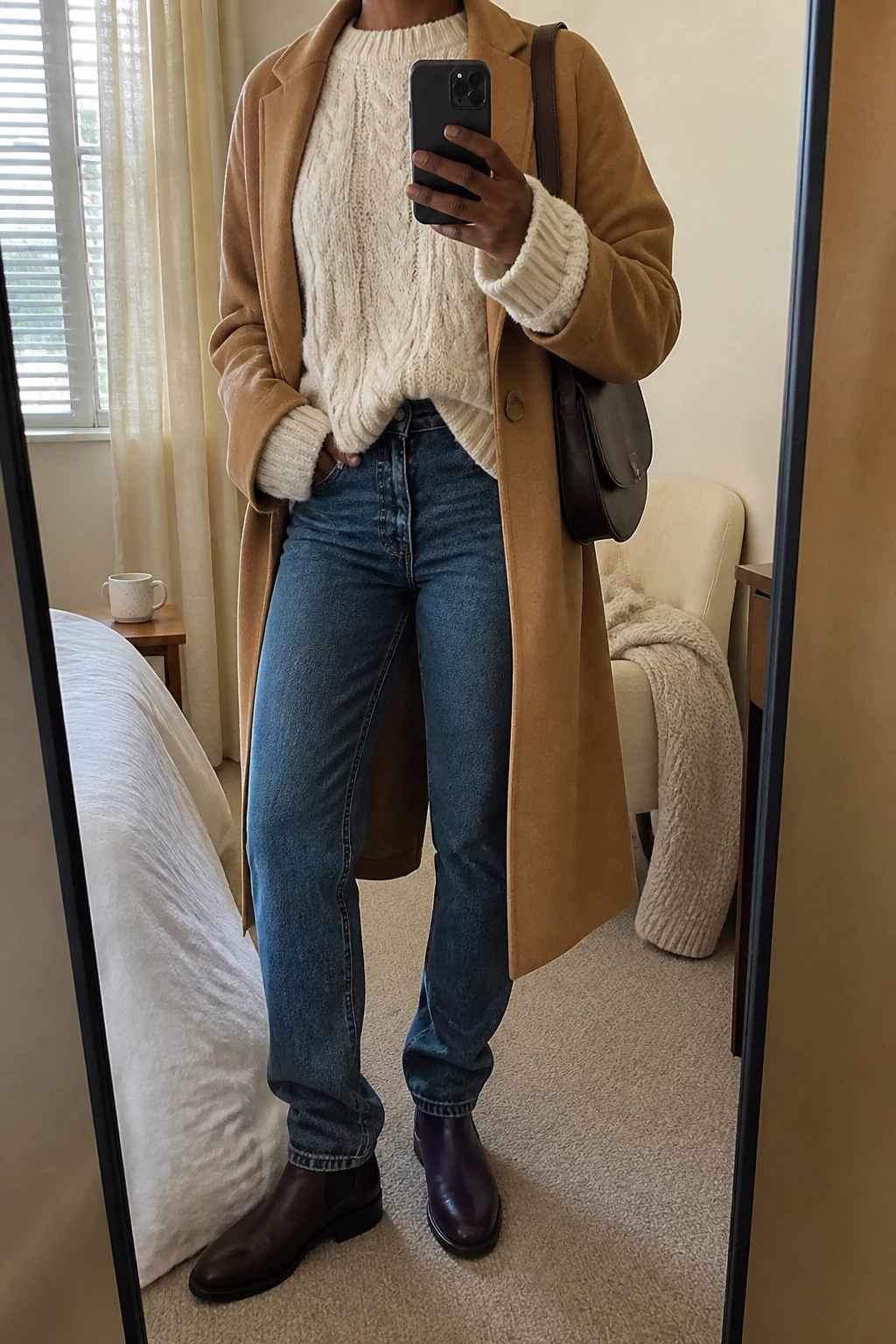 Image Prompt: Mirror selfie of a black woman wearing an oversized cream chunky cable-knit sweater with a relaxed front tuck, medium-wash blue high-waisted straight-leg jeans, a camel wool-blend long coat worn open, chocolate brown leather flat Chelsea boots, and a medium dark brown leather shoulder bag, holding a phone in front of a full-length mirror, cropped at the NECK so the face does not show, with a relaxed casual selfie pose, in a cozy bedroom mirror setup, soft natural window light, a coffee mug on a bedside table and a folded blanket on a chair, natural sweater texture, slightly imperfect denim creases, realistic everyday styling, latest iPhone photo quality, no additional clothing or accessories.