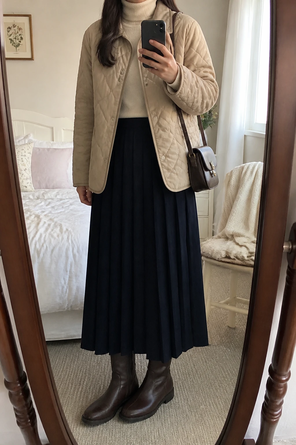 Image Prompt: Mirror selfie of a woman wearing a beige insulated quilted hip-length jacket over a cream fitted cashmere turtleneck sweater, a navy wool-blend pleated maxi skirt, black fleece-lined thermal tights, dark brown leather knee-high flat boots with rubber soles, and a small structured dark brown leather crossbody bag, holding a phone in front of a mirror, cropped at the NECK so the face does not show, with a relaxed casual selfie pose, in a feminine-themed bedroom, soft natural window light, soft pillows on an unmade bed and a folded blanket on a chair, realistic beige quilted texture, natural navy wool pleats, cream knit fabric and comfortable winter proportions, latest iPhone photo quality, no additional clothing or accessories.