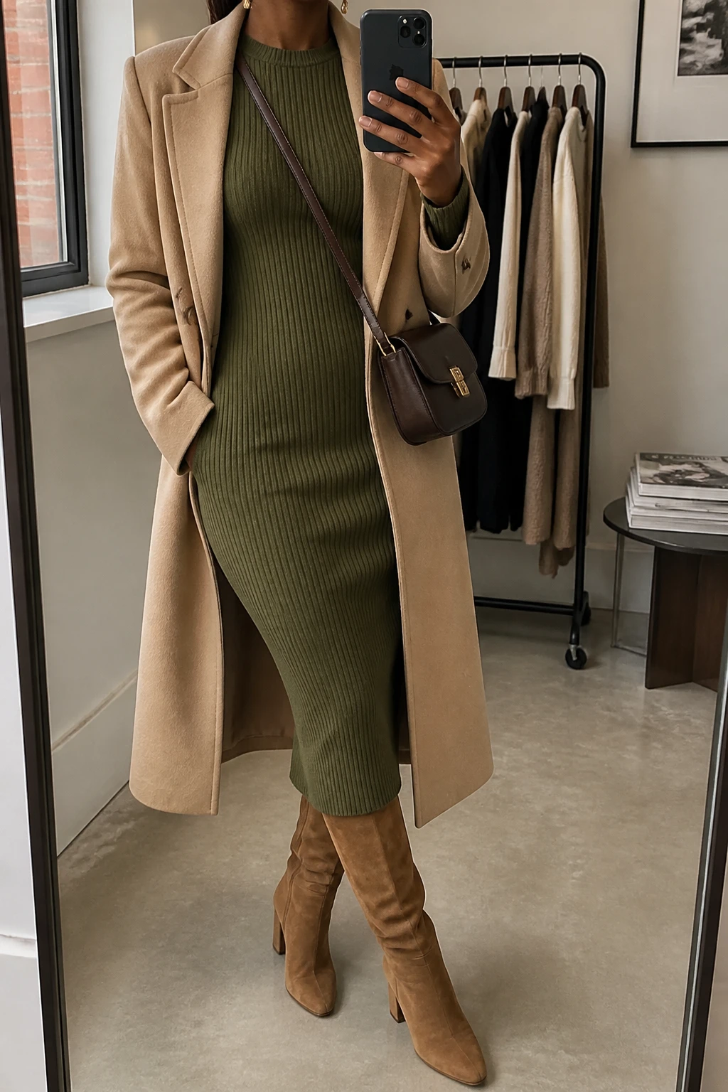 Image Prompt: Mirror selfie of a black woman wearing an olive green long-sleeve ribbed knit midi dress, an open warm beige tailored wool coat, tan suede knee-high block-heel boots, a small dark brown leather crossbody bag, and minimal gold drop earrings, holding a phone in front of a mirror, cropped at the NECK so the face does not show, with a relaxed casual selfie pose, in a fashion studio mirror corner, natural window light, a clothing rack with garments behind and a stack of fashion magazines on a side table, natural sweater texture, latest iPhone photo quality, no additional clothing or accessories.