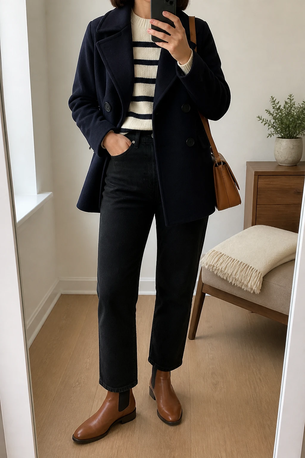 Image Prompt: Mirror selfie of a woman wearing a navy double-breasted wool peacoat over a cream and navy striped thick-knit crewneck sweater, black high-waisted cropped straight-leg jeans, cognac brown leather flat Chelsea boots, and a structured tan leather crossbody bag, holding a phone in front of a mirror, cropped at the NECK so the face does not show, with a relaxed casual selfie pose, in a minimal dressing room, soft natural window light, a folded blanket on a chair and a small plant on a dresser, realistic navy wool texture, natural striped knit fabric and cropped black denim creases, latest iPhone photo quality, no additional clothing or accessories.