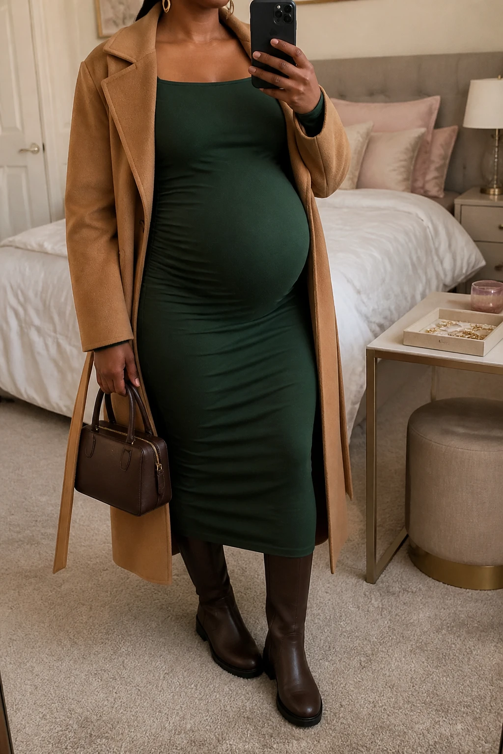 Image Prompt: Mirror selfie of a visibly pregnant black woman wearing a forest green long-sleeve stretchy maternity midi dress with a modest square neckline and softly gathered fabric along the sides of her rounded baby bump, a long camel wool-blend wrap coat worn open with its belt hanging loosely at the sides, chocolate brown leather knee-high flat boots with rubber soles, a small structured dark brown leather handbag, and delicate gold oval earrings, holding a phone in front of a mirror, cropped at the NECK so the face does not show, with a relaxed casual selfie pose and natural visible pregnancy silhouette, in a feminine-themed bedroom, warm soft indoor lighting, a jewelry tray on the vanity and soft pillows on an unmade bed, realistic green jersey knit fabric, natural camel wool texture, comfortable maternity proportions, latest iPhone photo quality, no additional clothing or accessories.