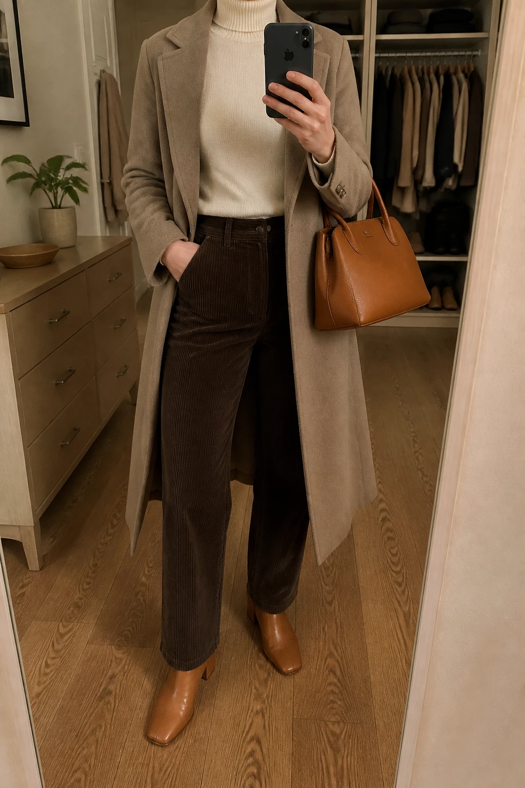 Image Prompt: Mirror selfie of a woman wearing a long taupe lightweight tailored wool coat open over an ivory fine-knit fitted turtleneck sweater, dark chocolate brown high-waisted straight-leg corduroy trousers, tan leather low block-heel ankle boots, and a structured caramel leather handbag, holding a phone in front of a mirror, cropped at the NECK so the face does not show, with a relaxed casual selfie pose, in a walk-in closet mirror, warm soft indoor lighting, an open closet with clothes visible and a small plant on a dresser, realistic taupe wool coat texture, natural corduroy ridges and soft ivory knit fabric, latest iPhone photo quality, no additional clothing or accessories.