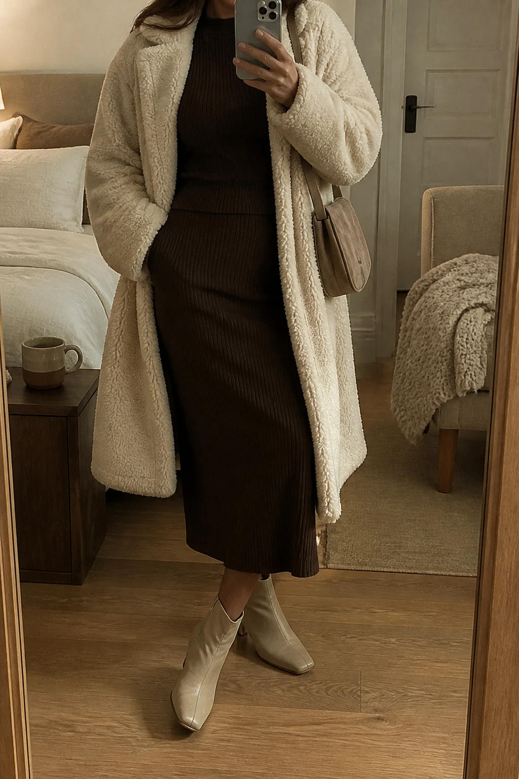 Image Prompt: Mirror selfie of a woman wearing an oversized cream teddy-fleece coat left open over a chocolate brown fitted ribbed knit sweater and matching chocolate brown ribbed knit midi skirt, cream leather low-heeled ankle boots, and a small beige suede shoulder bag, holding a phone in front of a mirror, cropped at the NECK so the face does not show, with a relaxed casual selfie pose, in a cozy bedroom mirror setup, warm moody lighting, a folded blanket on a chair and a coffee mug on a bedside table, believable fleece texture and natural fabric folds, latest iPhone photo quality, no additional clothing or accessories.